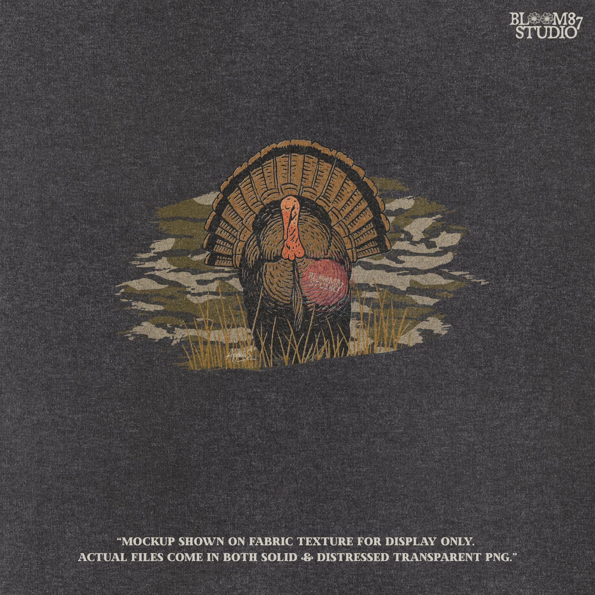 Solid version: Illustration of a wild turkey gobbler with camo background, hunting sublimation PNG.
Distressed version: Vintage distressed turkey with fan tail and camouflage backdrop, rustic hunting PNG.