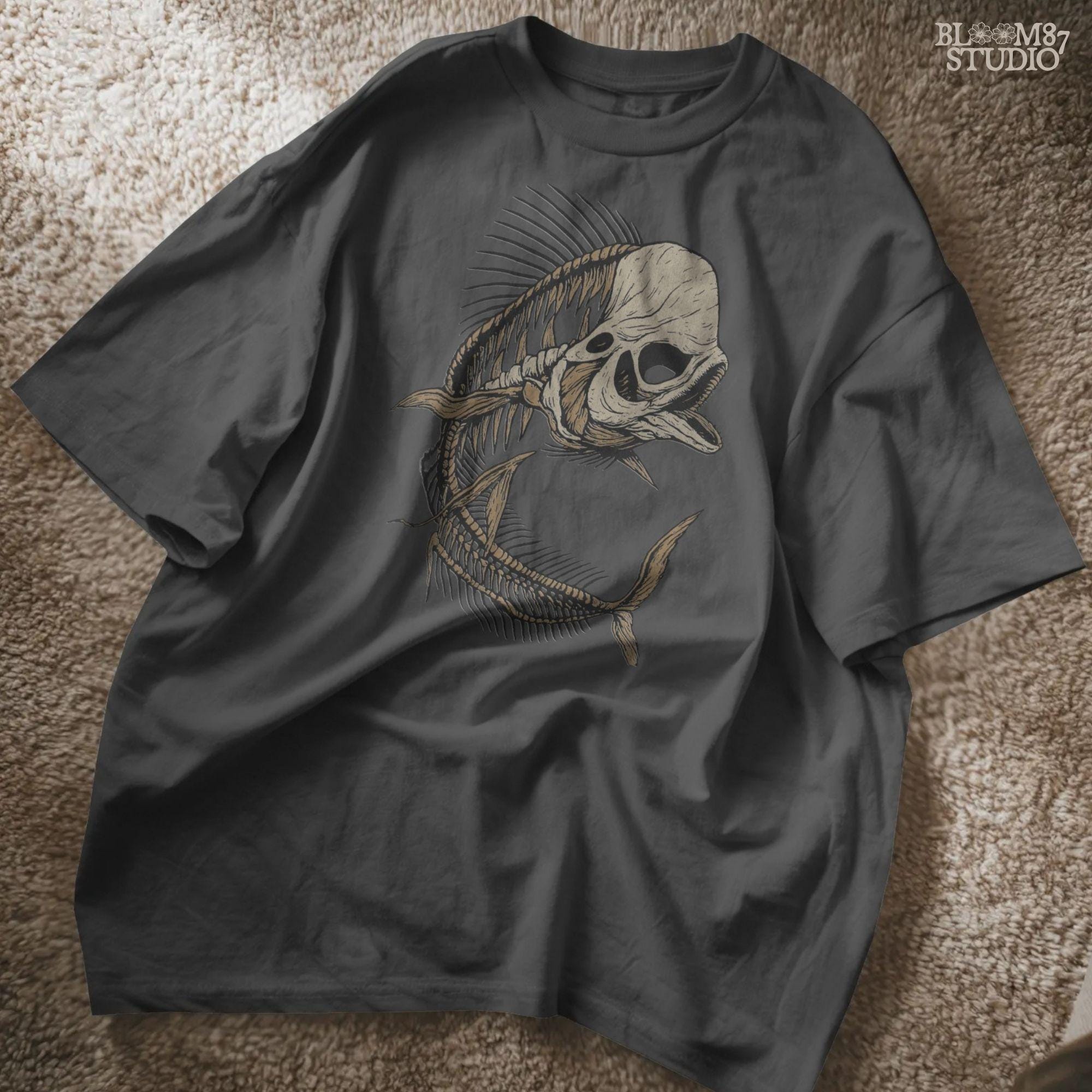 Solid version: Illustration of a spooky fish skeleton with skull head, Halloween creepy PNG design.
Distressed version: Vintage distressed skeleton fish with skull face and spiky bones, gothic Halloween PNG.