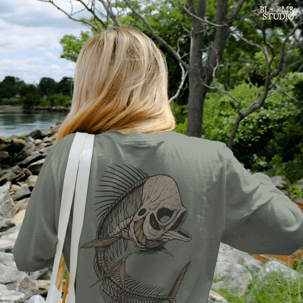 Solid version: Illustration of a spooky fish skeleton with skull head, Halloween creepy PNG design.
Distressed version: Vintage distressed skeleton fish with skull face and spiky bones, gothic Halloween PNG.