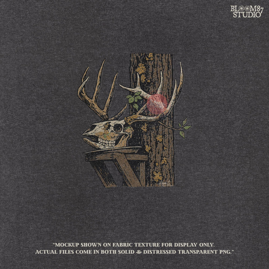 Solid version: Illustration of a deer skull with antlers leaning on a tree, spooky hunting Halloween PNG.
Distressed version: Vintage distressed deer skull with antlers and rustic tree background, hunting lodge Halloween PNG.