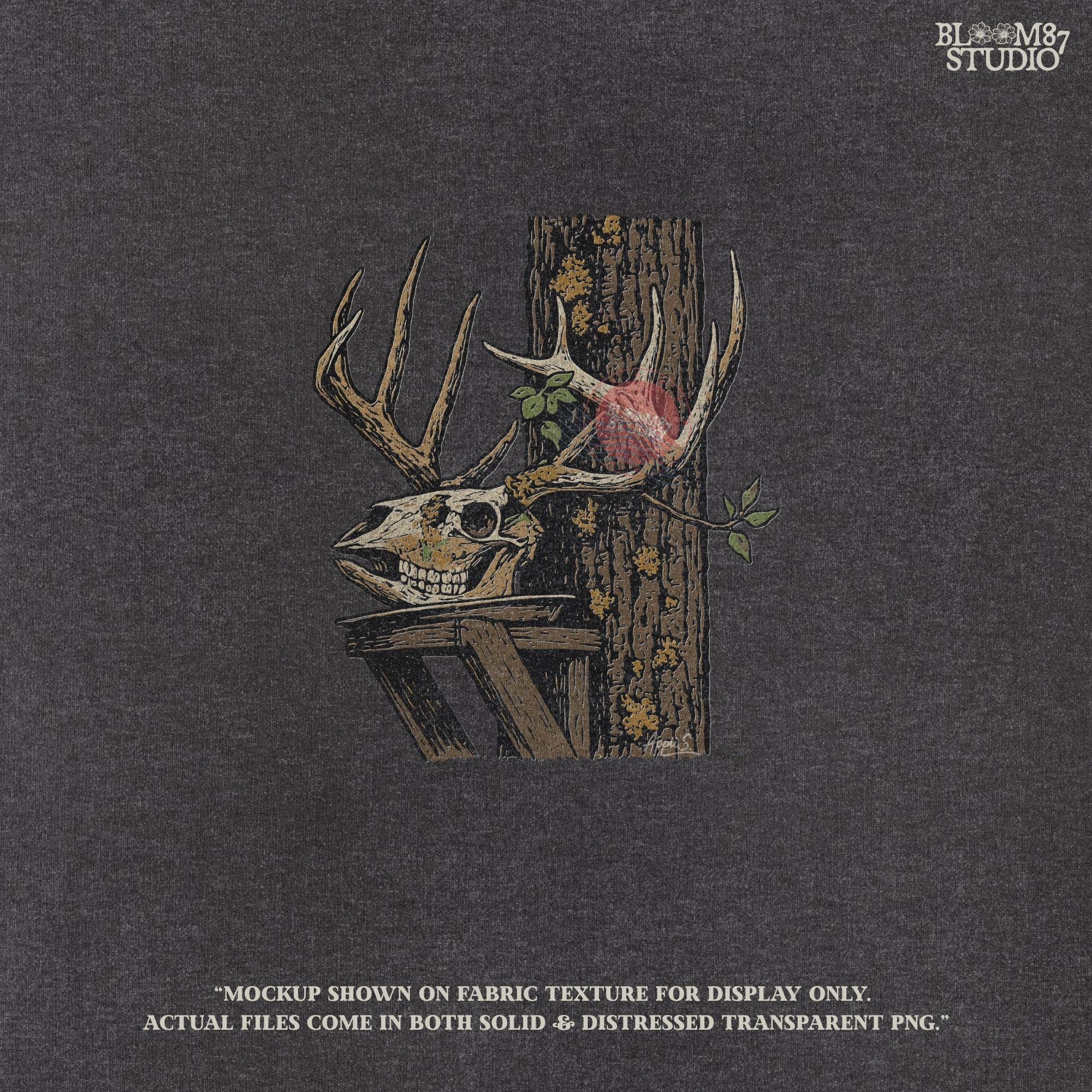 Solid version: Illustration of a deer skull with antlers leaning on a tree, spooky hunting Halloween PNG.
Distressed version: Vintage distressed deer skull with antlers and rustic tree background, hunting lodge Halloween PNG.