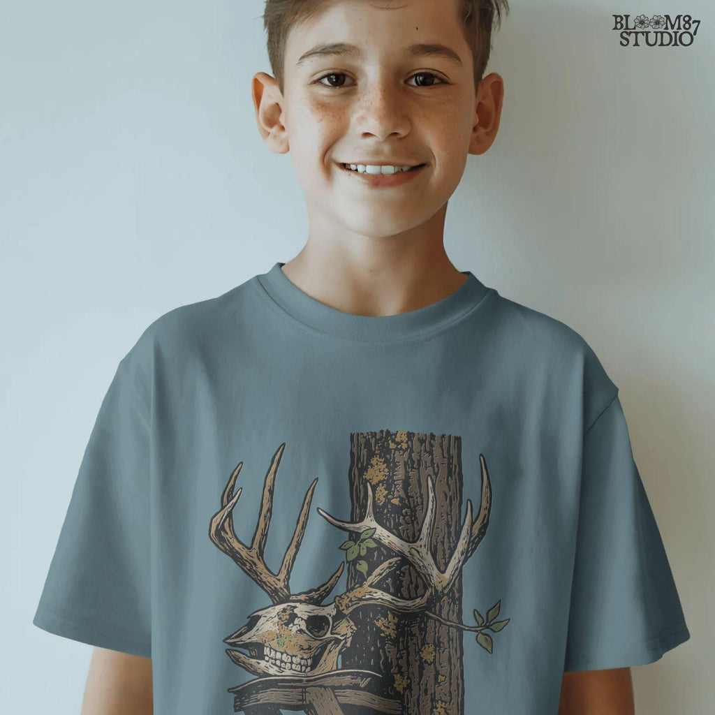 Solid version: Illustration of a deer skull with antlers leaning on a tree, spooky hunting Halloween PNG.
Distressed version: Vintage distressed deer skull with antlers and rustic tree background, hunting lodge Halloween PNG.