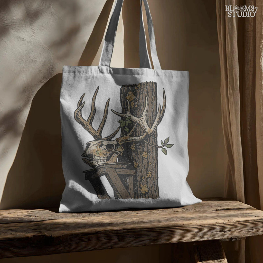 Solid version: Illustration of a deer skull with antlers leaning on a tree, spooky hunting Halloween PNG.
Distressed version: Vintage distressed deer skull with antlers and rustic tree background, hunting lodge Halloween PNG.