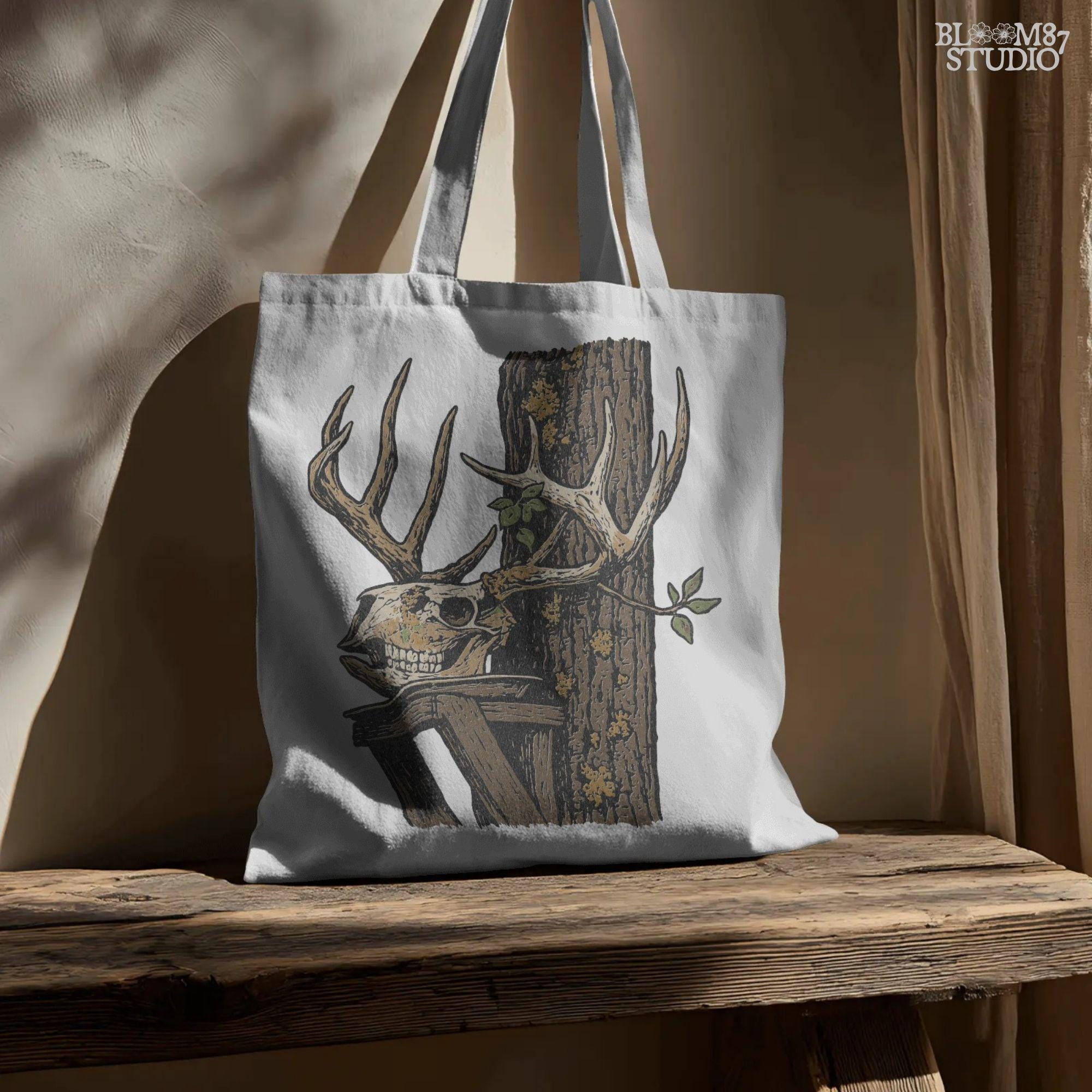 Solid version: Illustration of a deer skull with antlers leaning on a tree, spooky hunting Halloween PNG.
Distressed version: Vintage distressed deer skull with antlers and rustic tree background, hunting lodge Halloween PNG.