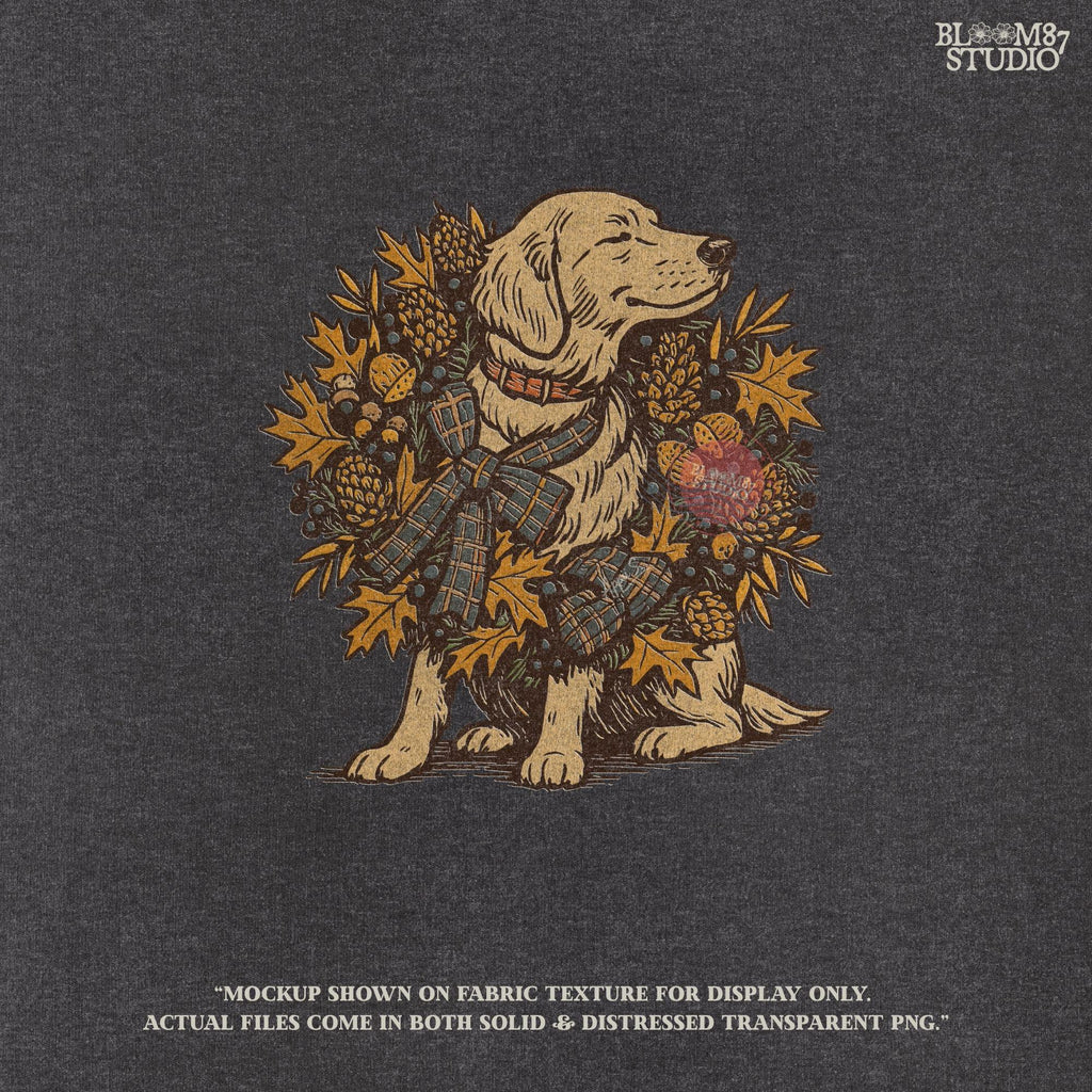 Solid version: Fall dog PNG of golden retriever with autumn wreath, pinecones, acorns, rustic thanksgiving clipart.
Distressed version: Vintage golden retriever fall dog illustration with rustic autumn leaves wreath, thanksgiving sublimation PNG.