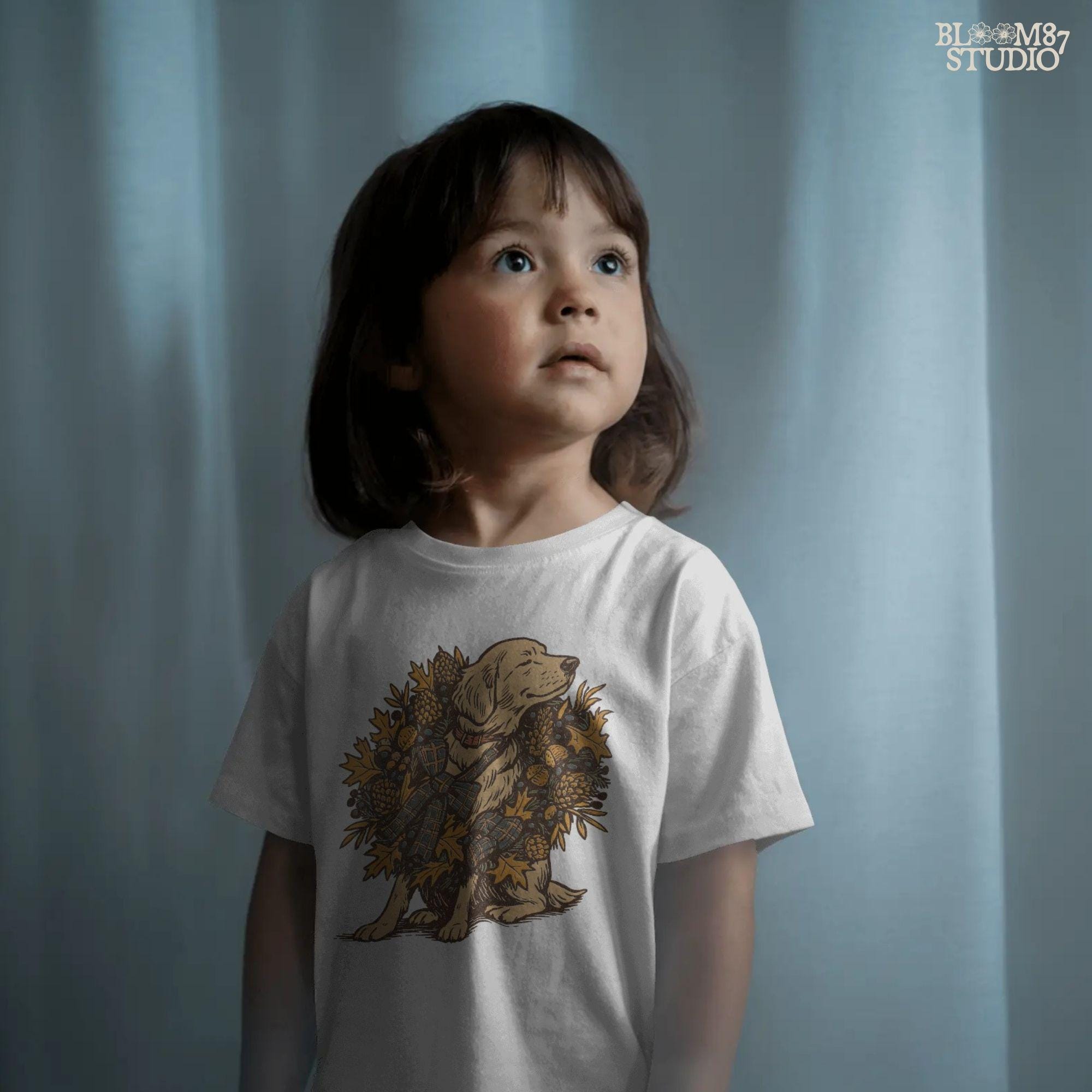 Solid version: Fall dog PNG of golden retriever with autumn wreath, pinecones, acorns, rustic thanksgiving clipart.
Distressed version: Vintage golden retriever fall dog illustration with rustic autumn leaves wreath, thanksgiving sublimation PNG.