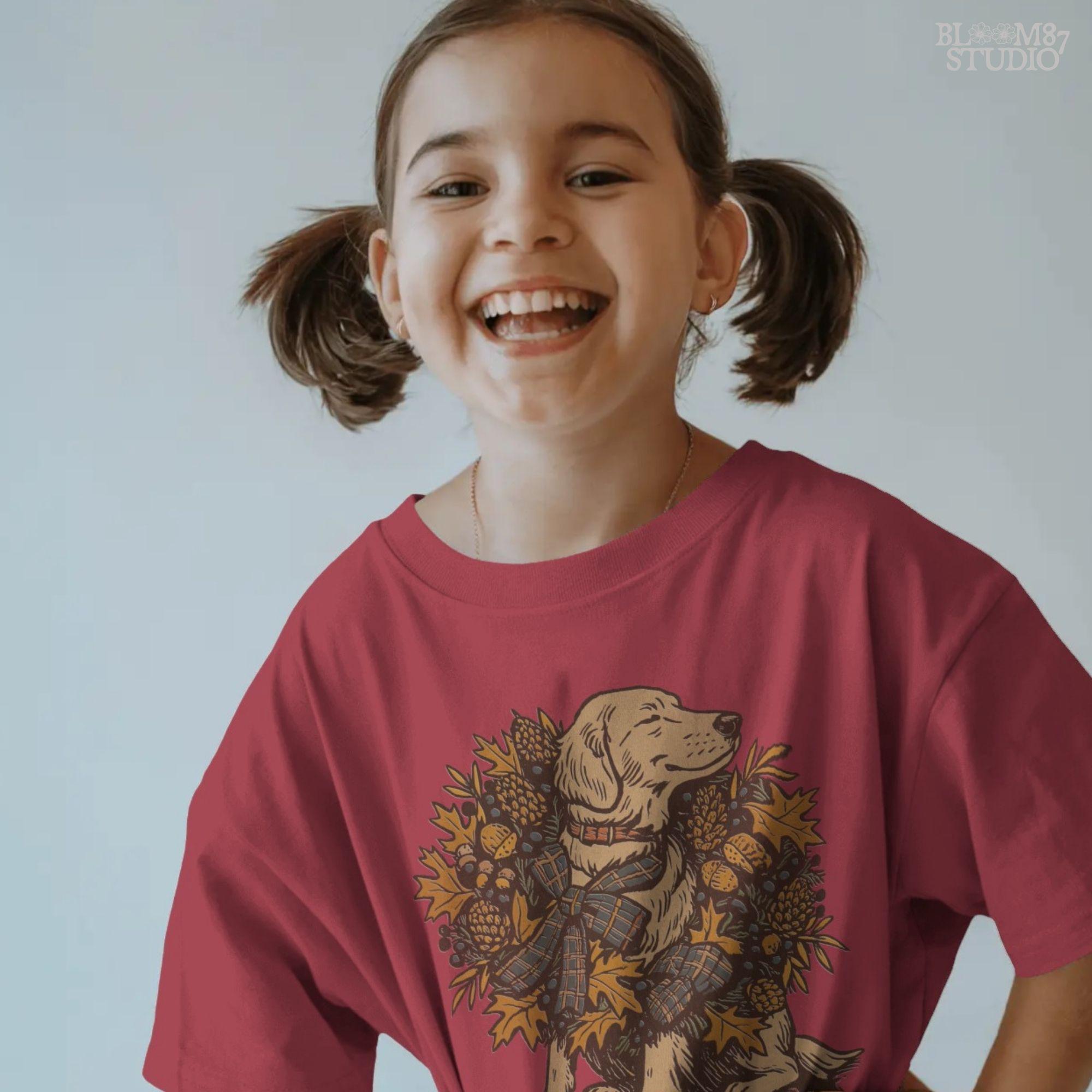 Solid version: Fall dog PNG of golden retriever with autumn wreath, pinecones, acorns, rustic thanksgiving clipart.
Distressed version: Vintage golden retriever fall dog illustration with rustic autumn leaves wreath, thanksgiving sublimation PNG.