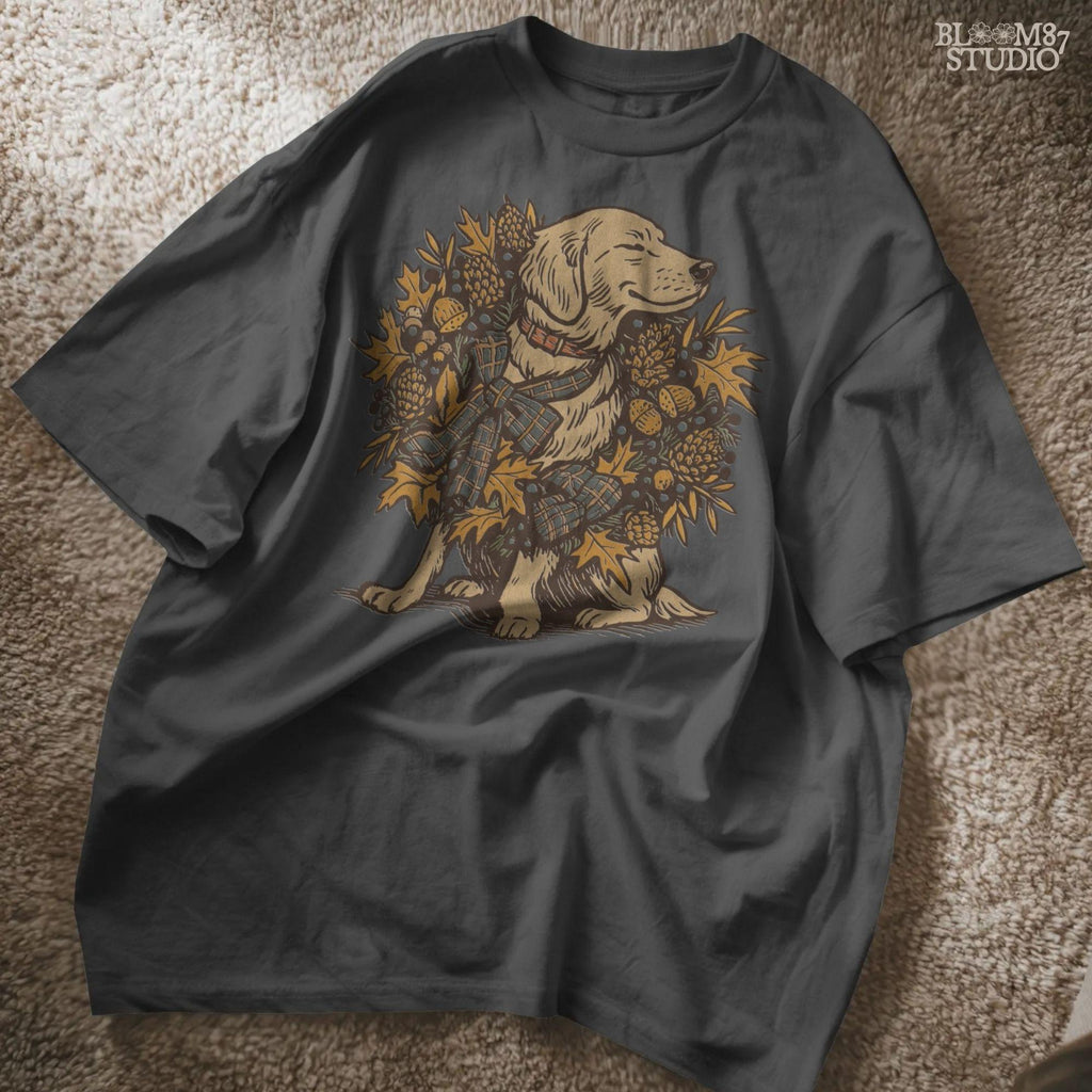 Solid version: Fall dog PNG of golden retriever with autumn wreath, pinecones, acorns, rustic thanksgiving clipart.
Distressed version: Vintage golden retriever fall dog illustration with rustic autumn leaves wreath, thanksgiving sublimation PNG.