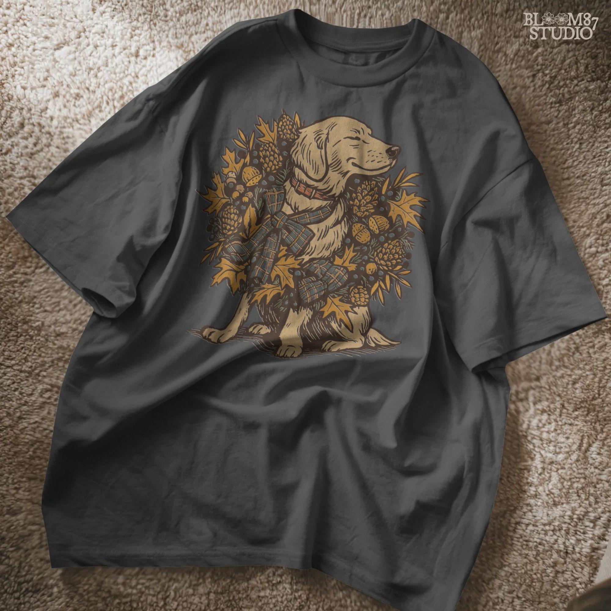 Solid version: Fall dog PNG of golden retriever with autumn wreath, pinecones, acorns, rustic thanksgiving clipart.
Distressed version: Vintage golden retriever fall dog illustration with rustic autumn leaves wreath, thanksgiving sublimation PNG.