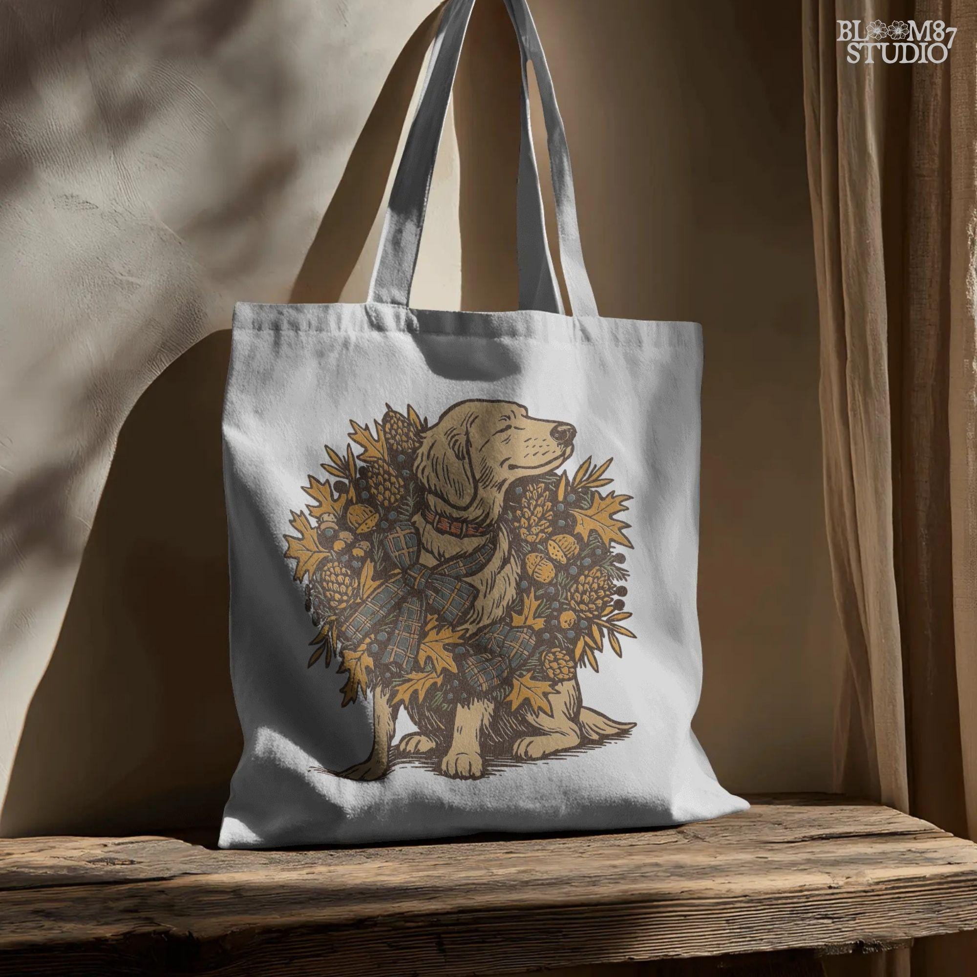 Solid version: Fall dog PNG of golden retriever with autumn wreath, pinecones, acorns, rustic thanksgiving clipart.
Distressed version: Vintage golden retriever fall dog illustration with rustic autumn leaves wreath, thanksgiving sublimation PNG.