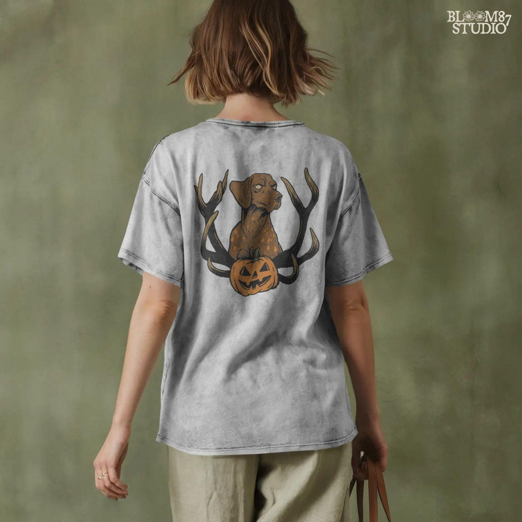 Solid version: Halloween dog PNG with antlers and pumpkin, spooky hunting dog digital download.

Distressed version: Vintage Halloween dog PNG with antlers and jack-o’-lantern, rustic hunting sublimation design.