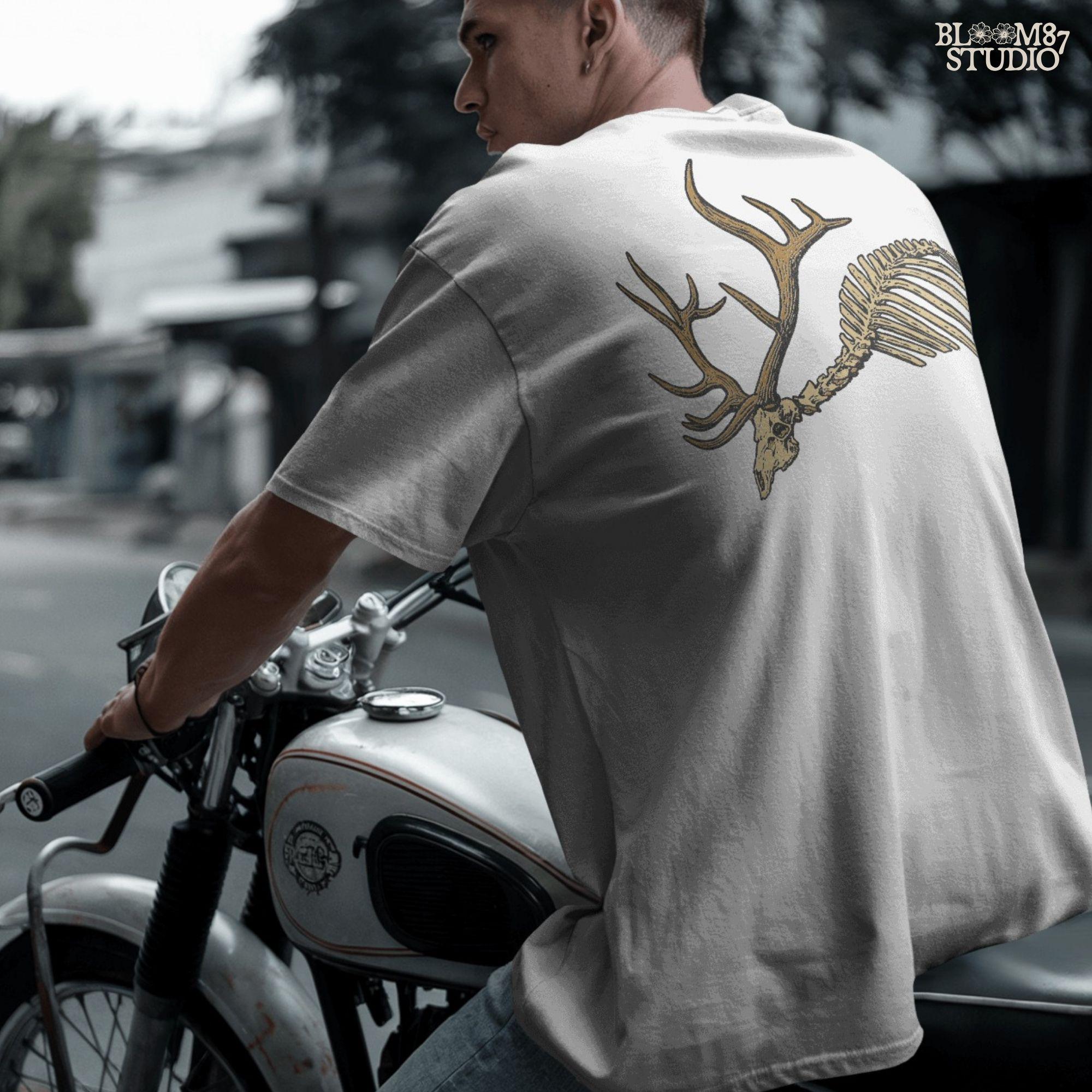 Solid version: Deer skull PNG with antlers and rib bones, spooky hunting skeleton design for Halloween.

Distressed version: Vintage deer skeleton PNG with antlers, rustic hunting and Halloween sublimation design.