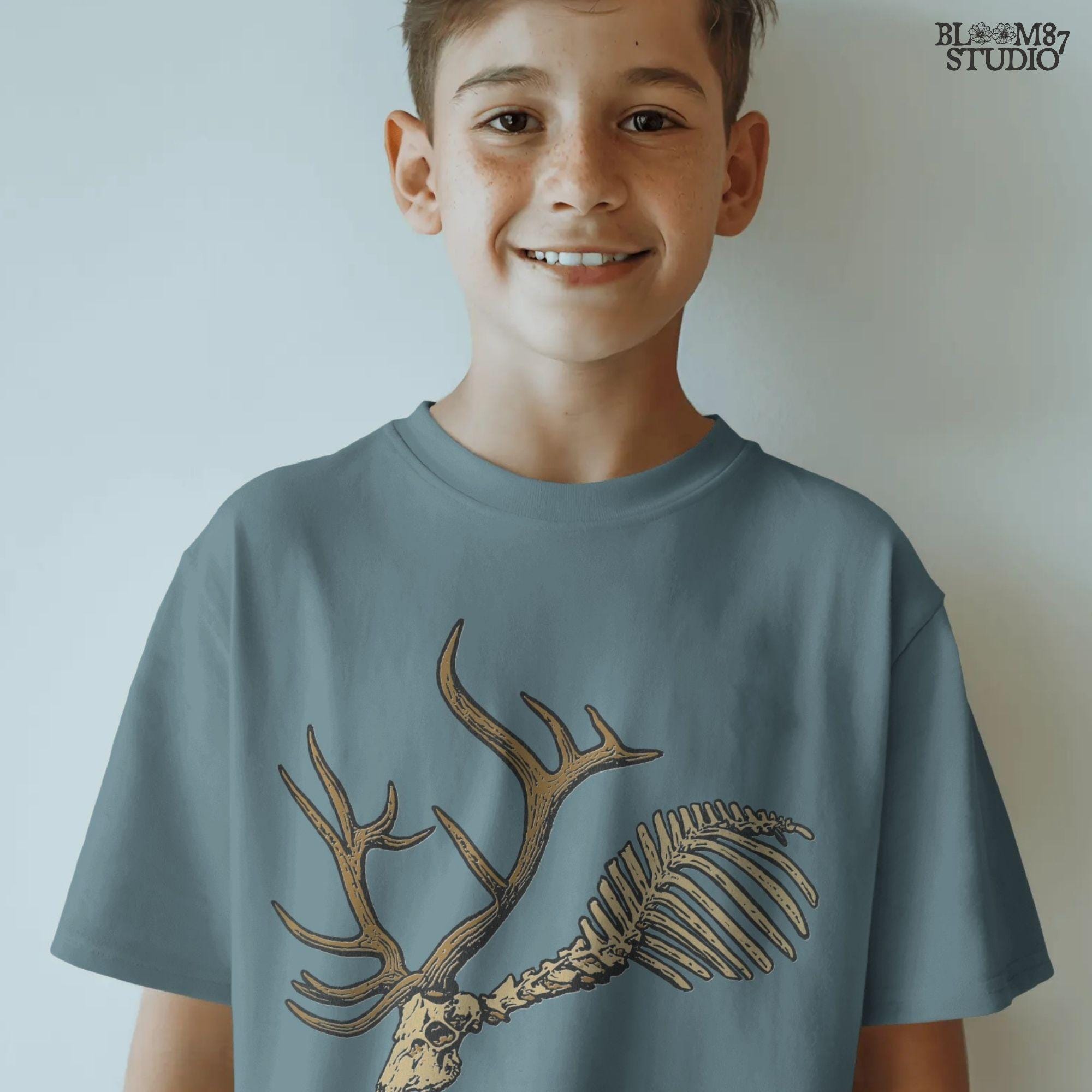 Solid version: Deer skull PNG with antlers and rib bones, spooky hunting skeleton design for Halloween.

Distressed version: Vintage deer skeleton PNG with antlers, rustic hunting and Halloween sublimation design.