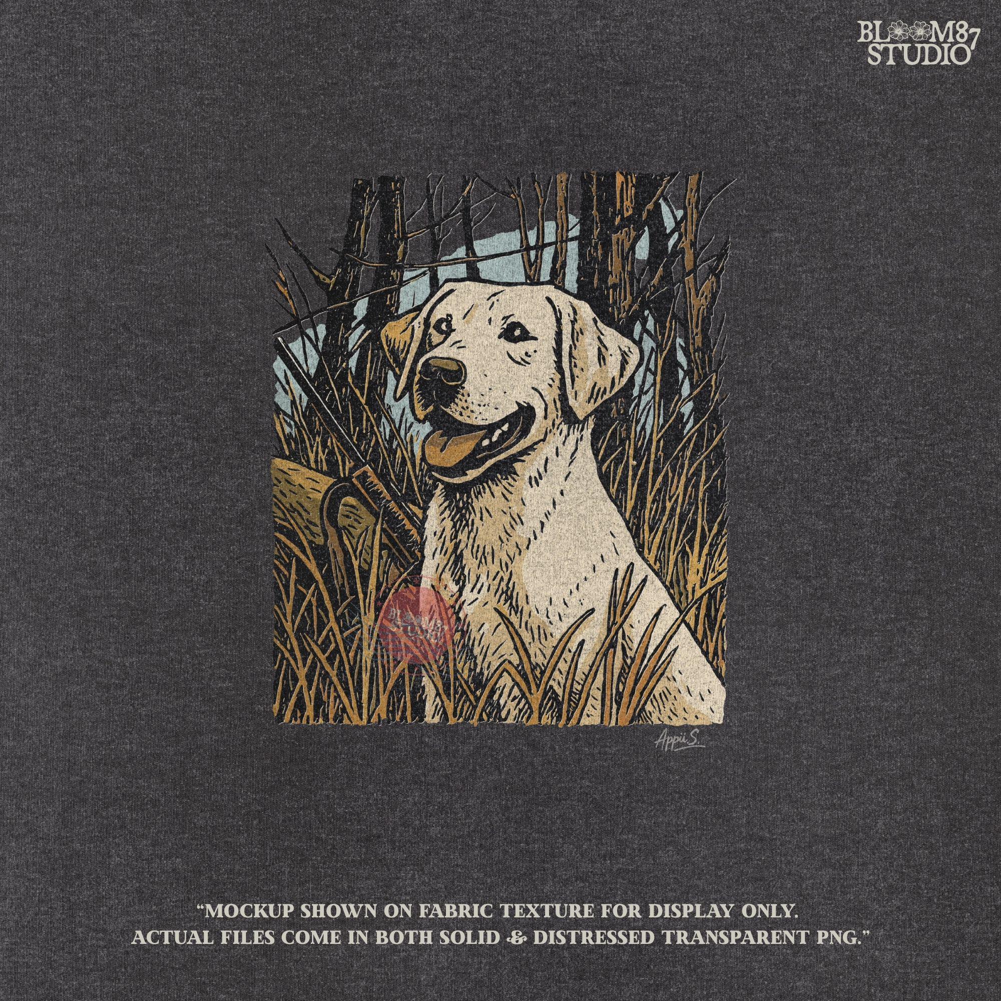 Solid Version: Hunting dog PNG Labrador retriever in grass with gun, solid style for hunting shirt design, hunting season decor, and outdoors apparel

Distressed Version: Hunting dog PNG Labrador retriever in grass with gun, distressed vintage style for hunting shirt design, hunting season decor, and outdoors apparel