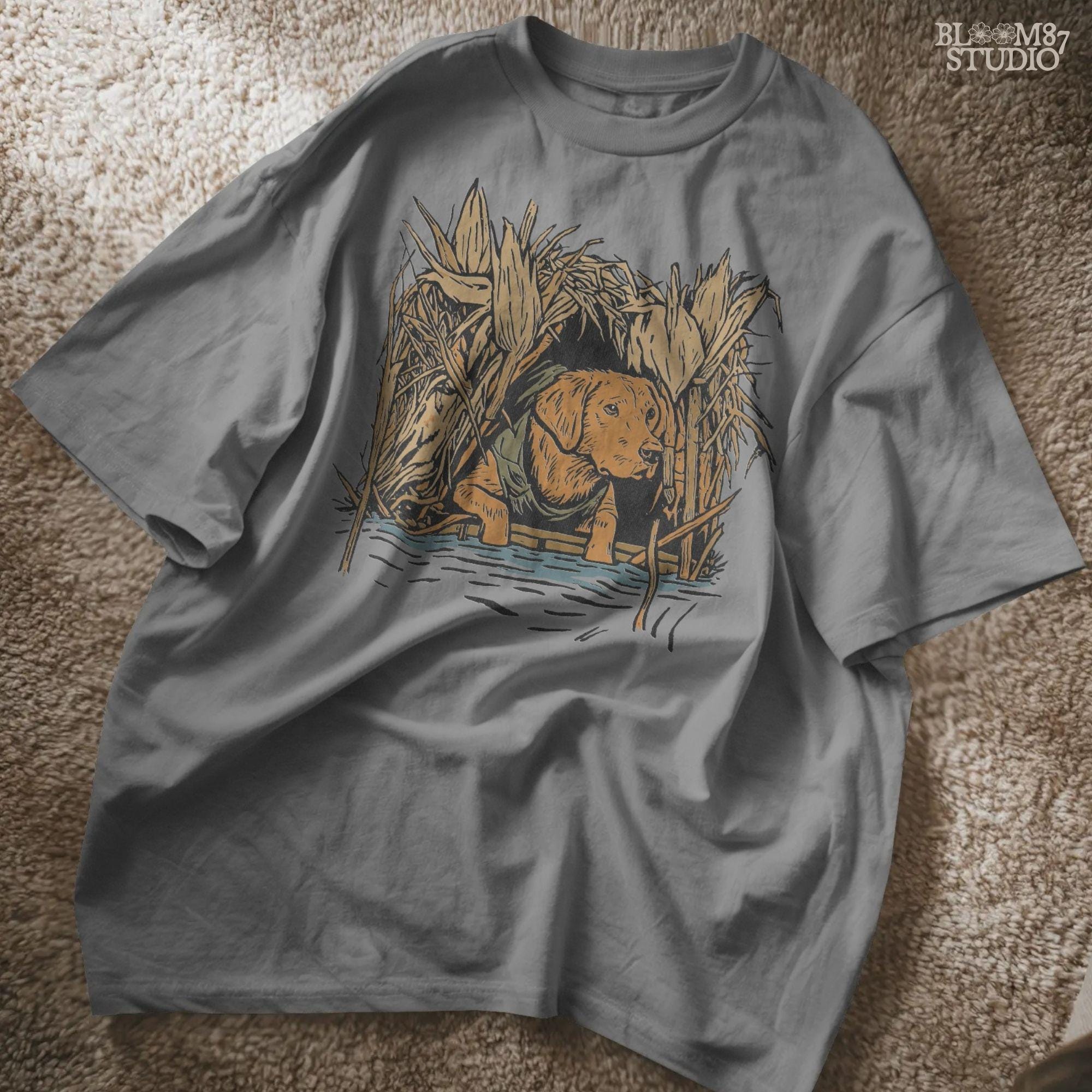 Solid: “Hunting dog PNG of retriever in marsh camo for duck hunting season, perfect for hunting shirts and digital download”

Distressed: “Vintage hunting dog PNG with retriever in camo reeds, rustic distressed hunting art for duck hunting apparel”