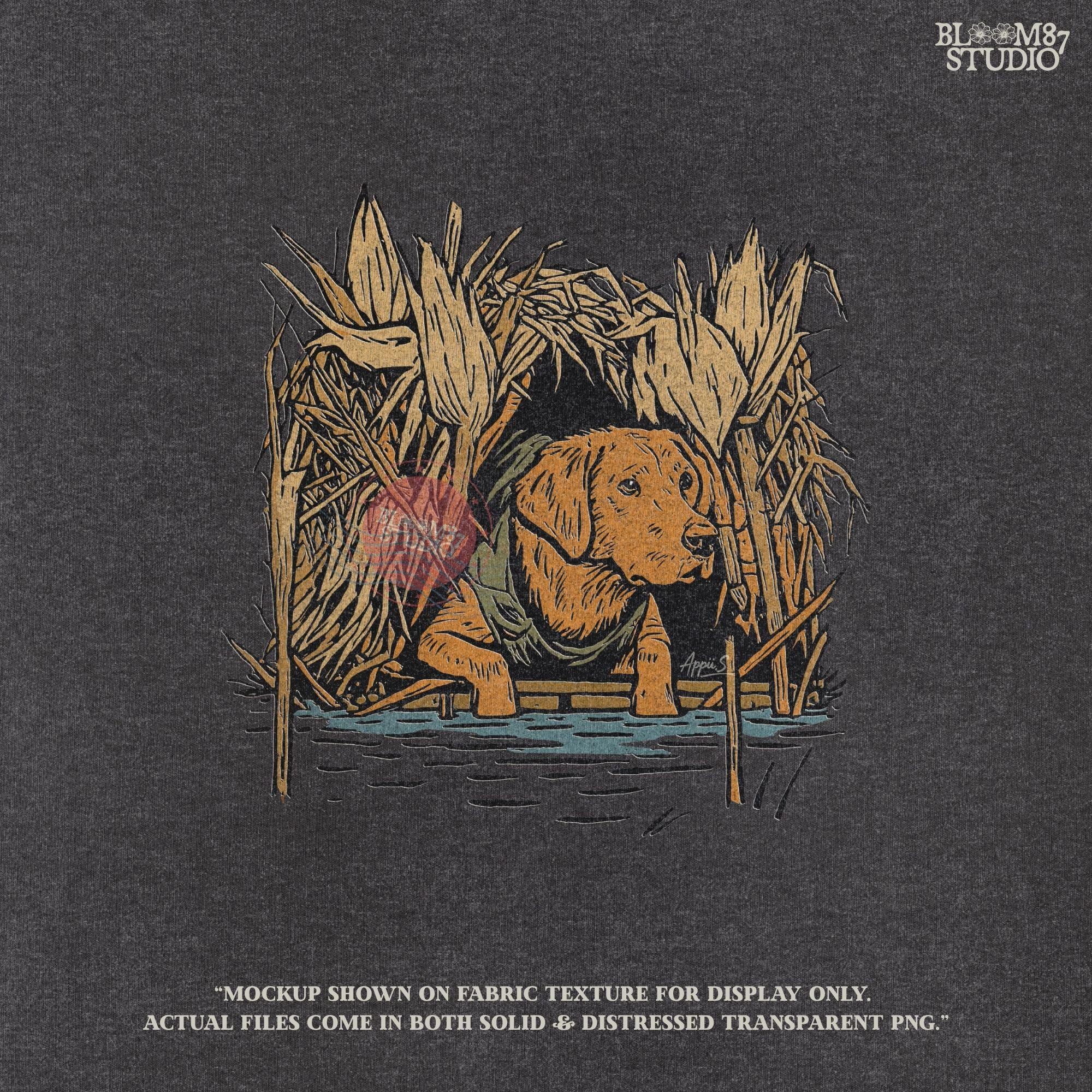 Solid: “Hunting dog PNG of retriever in marsh camo for duck hunting season, perfect for hunting shirts and digital download”

Distressed: “Vintage hunting dog PNG with retriever in camo reeds, rustic distressed hunting art for duck hunting apparel”