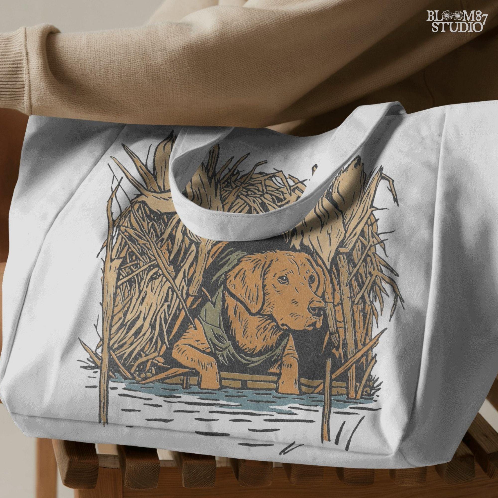 Solid: “Hunting dog PNG of retriever in marsh camo for duck hunting season, perfect for hunting shirts and digital download”

Distressed: “Vintage hunting dog PNG with retriever in camo reeds, rustic distressed hunting art for duck hunting apparel”