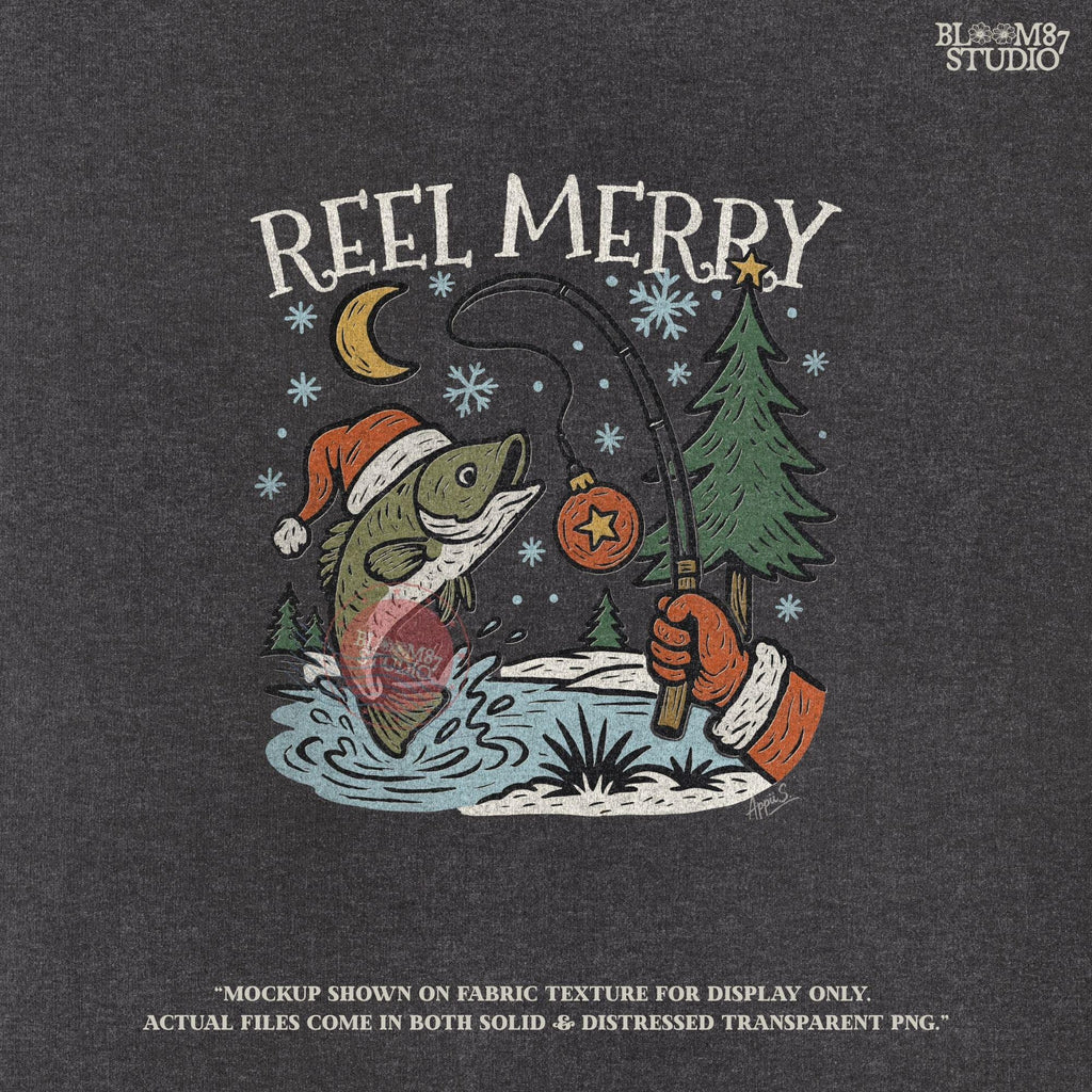 Solid: “Christmas fishing PNG with bass wearing Santa hat jumping near holiday tree, Reel Merry text design for shirts”

Distressed: “Vintage distressed Christmas fishing PNG with bass, Santa hat, holiday tree and Reel Merry festive design”