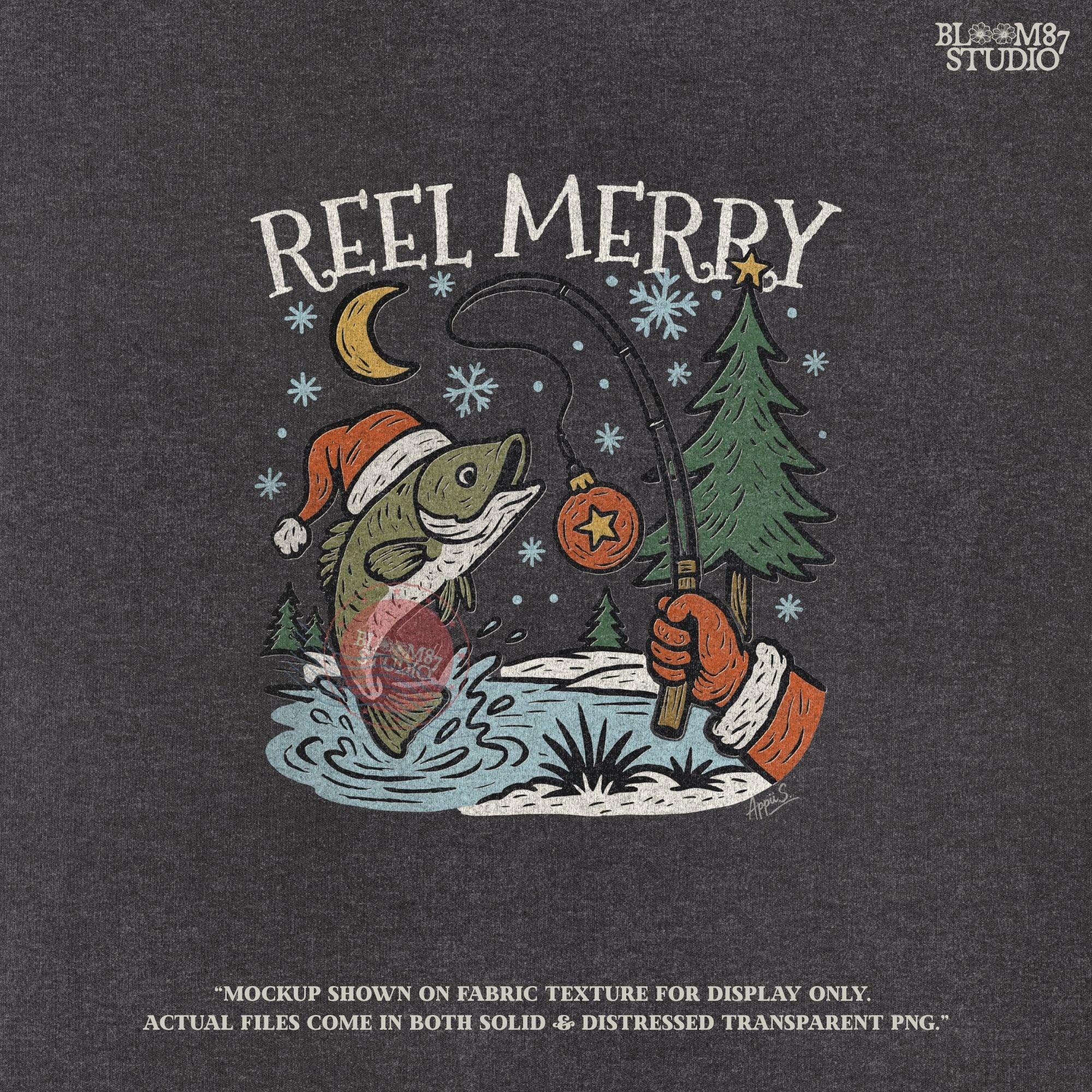 Solid: “Christmas fishing PNG with bass wearing Santa hat jumping near holiday tree, Reel Merry text design for shirts”

Distressed: “Vintage distressed Christmas fishing PNG with bass, Santa hat, holiday tree and Reel Merry festive design”