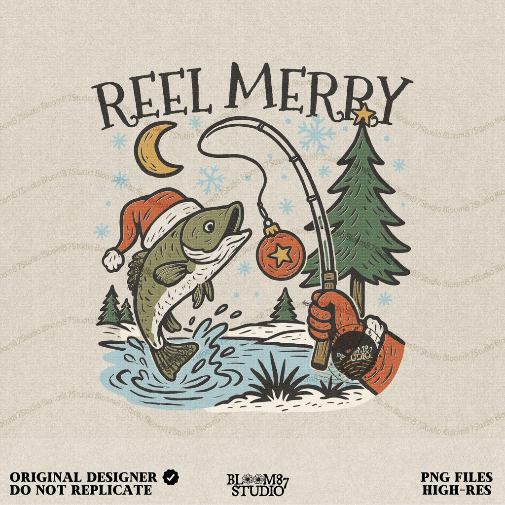 Solid: “Christmas fishing PNG with bass wearing Santa hat jumping near holiday tree, Reel Merry text design for shirts”

Distressed: “Vintage distressed Christmas fishing PNG with bass, Santa hat, holiday tree and Reel Merry festive design”