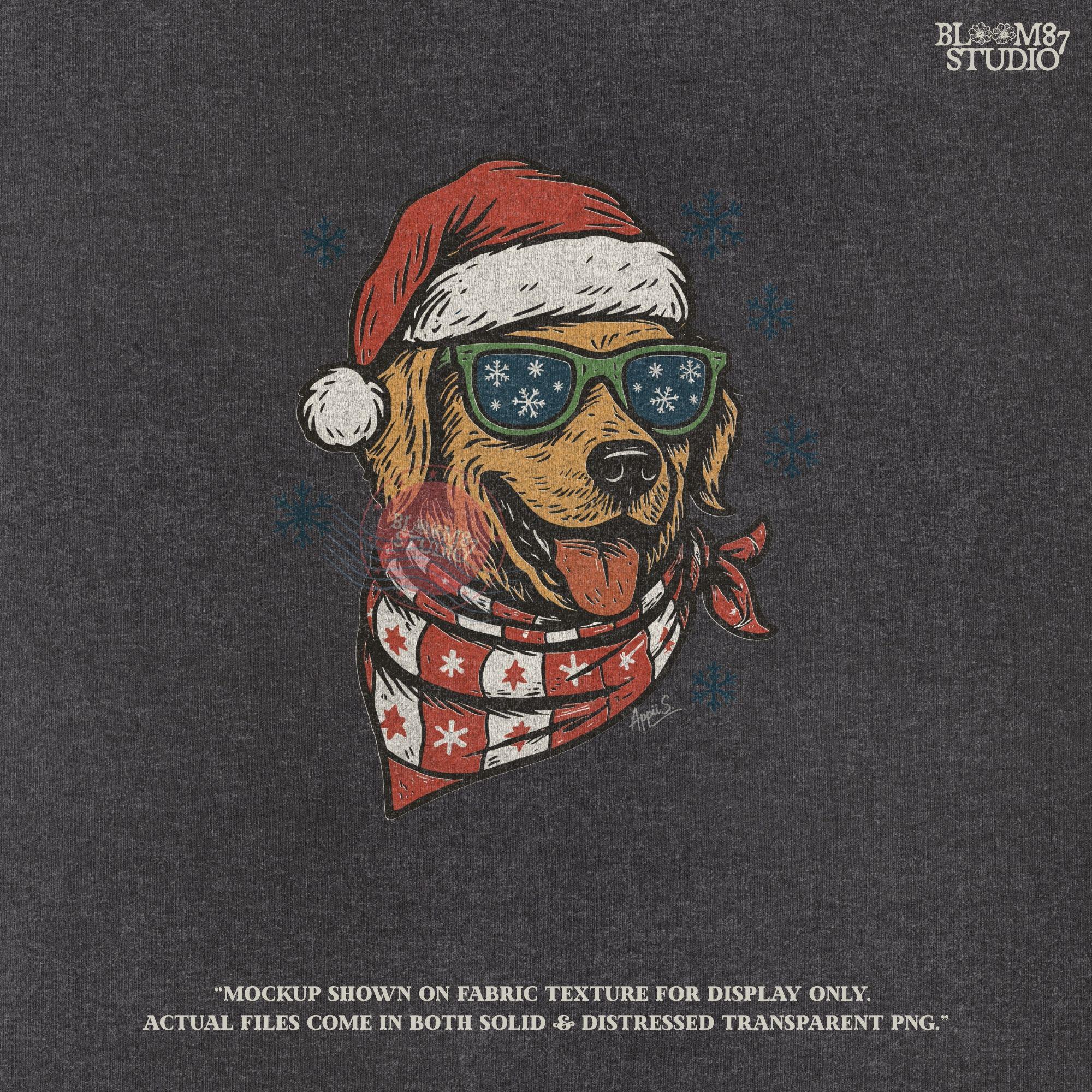 Festive dog PNG design with golden retriever wearing Santa hat, scarf, and winter snowflakes. Ideal for Christmas apparel, cards, and holiday decorations.