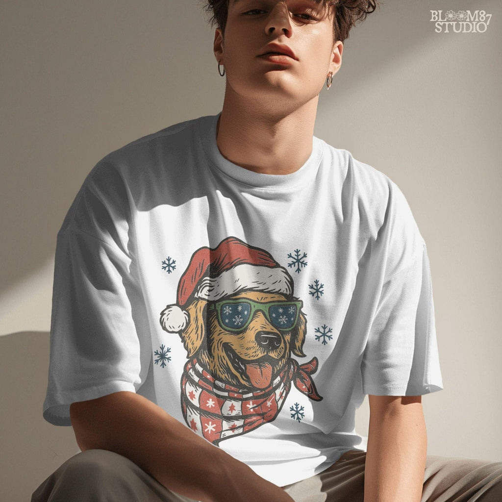 Holiday pet PNG with golden retriever in Santa hat, red scarf, surrounded by snowflakes. Perfect for Christmas apparel and festive craft designs.