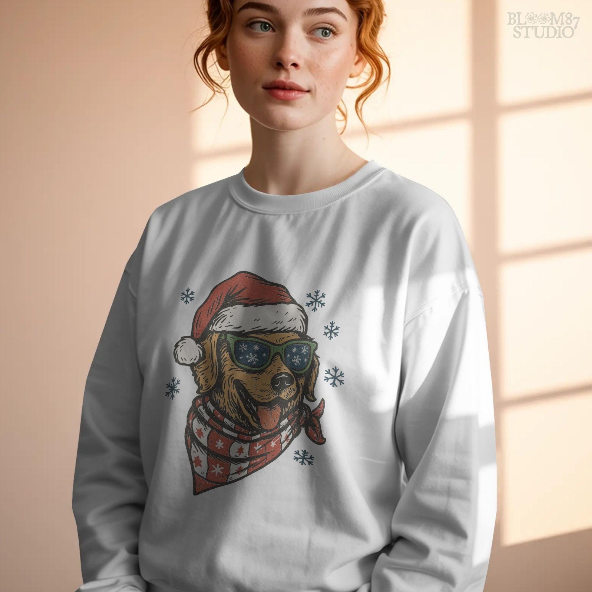 Santa dog PNG design featuring golden retriever with holiday scarf and funny sunglasses. Ideal for Christmas shirts, sweaters, and mugs.