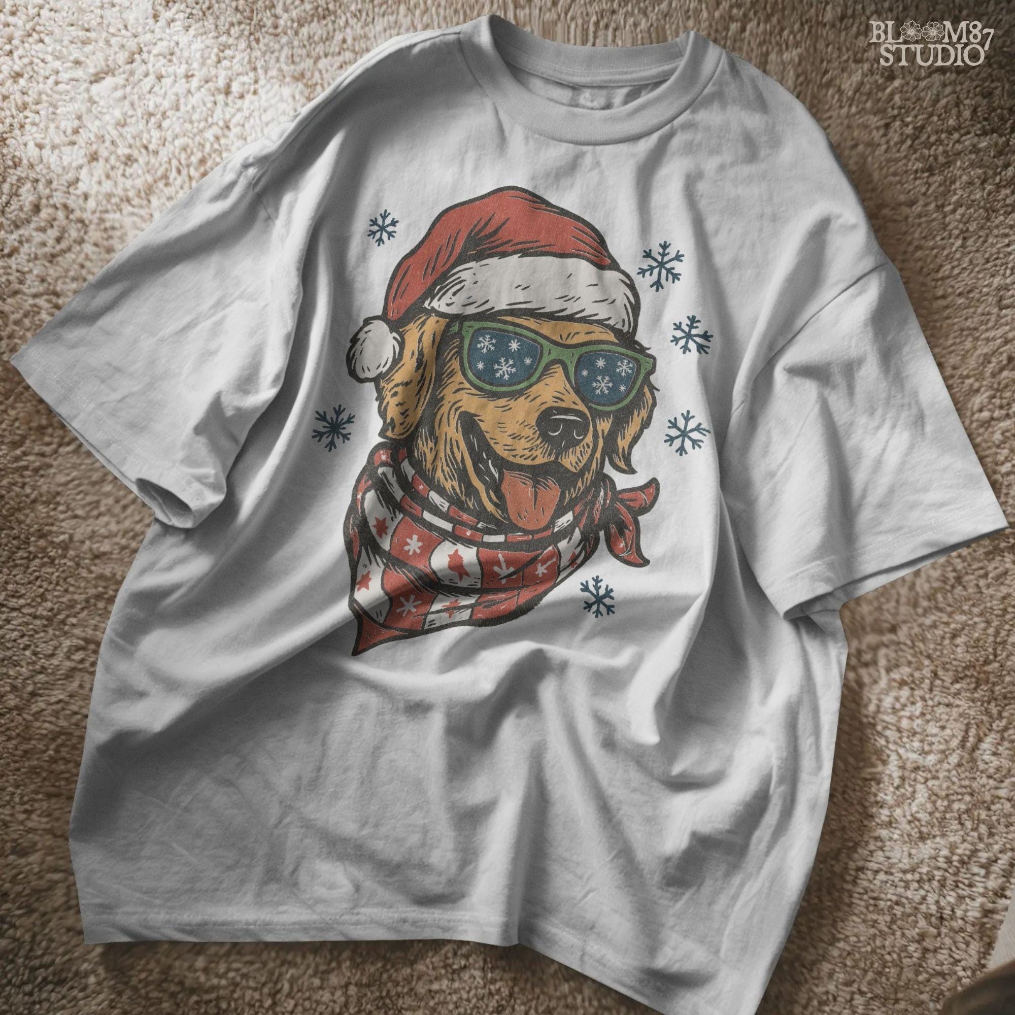 Cute Christmas dog PNG clipart showing retriever with festive scarf, Santa hat, and snowflakes around. Great for holiday sublimation shirts and seasonal gifts.