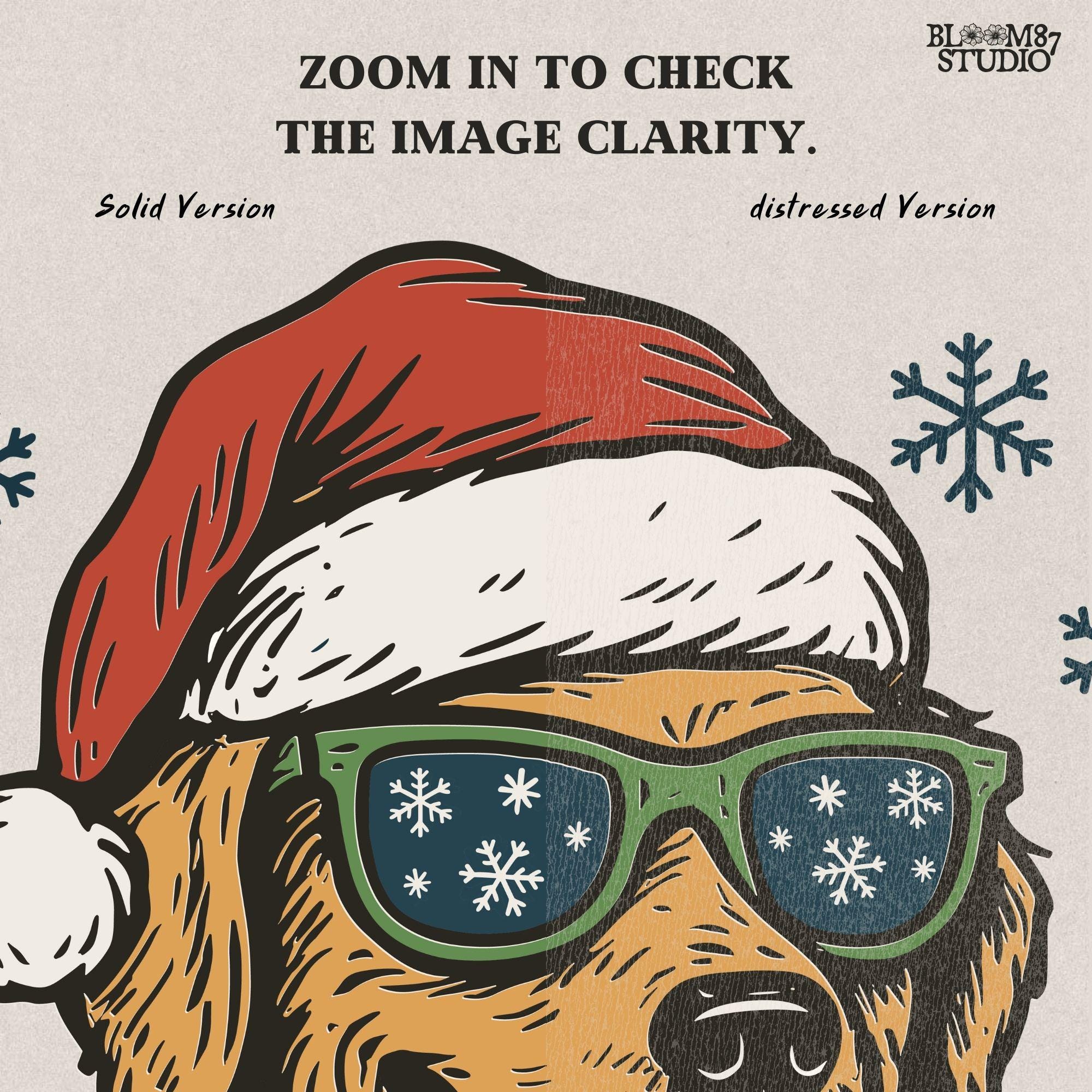 Golden retriever Christmas PNG wearing Santa hat and red scarf, smiling with sunglasses reflecting snowflakes. Perfect for dog lover Christmas shirts and digital designs.