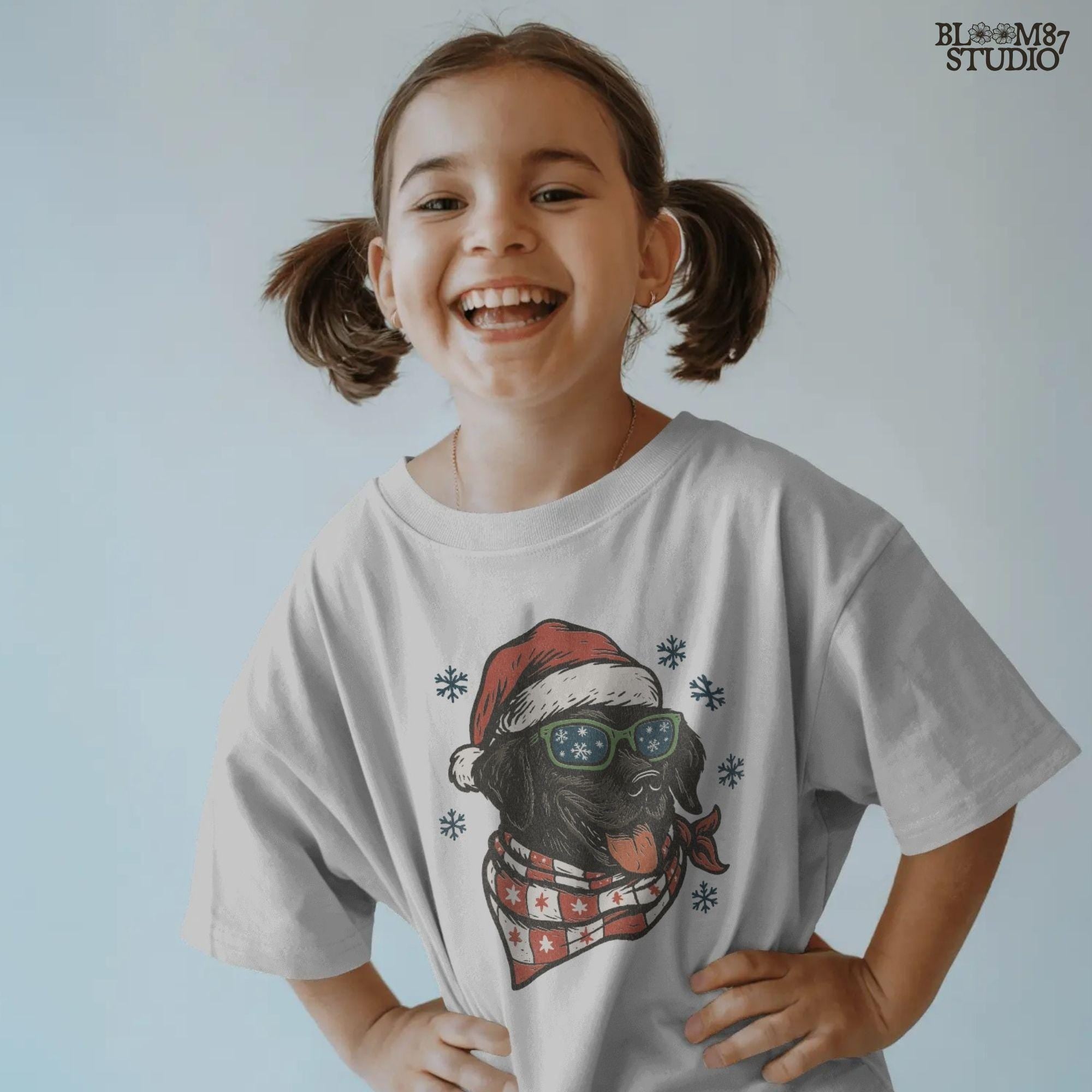 Cute Santa dog illustration of a Labrador with holiday scarf, snowflakes, and sunglasses, for sublimation printing and digital crafts.