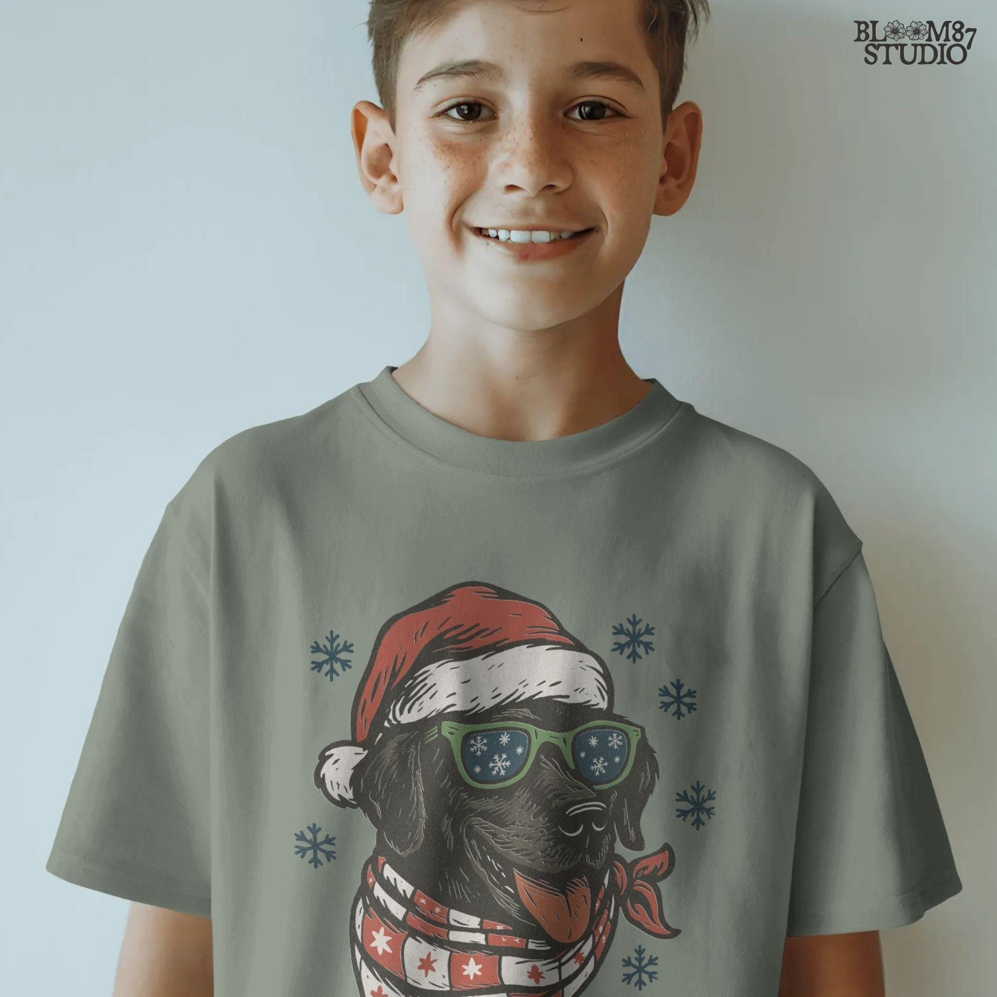 Christmas Labrador dog PNG digital download, featuring Santa hat and festive accessories for DIY holiday gifts and crafting projects.