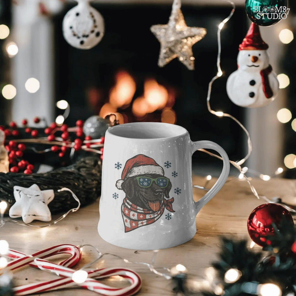 Black Lab holiday dog design with Santa hat and scarf, ready-to-use sublimation PNG for pet lovers’ Christmas shirts and mugs.