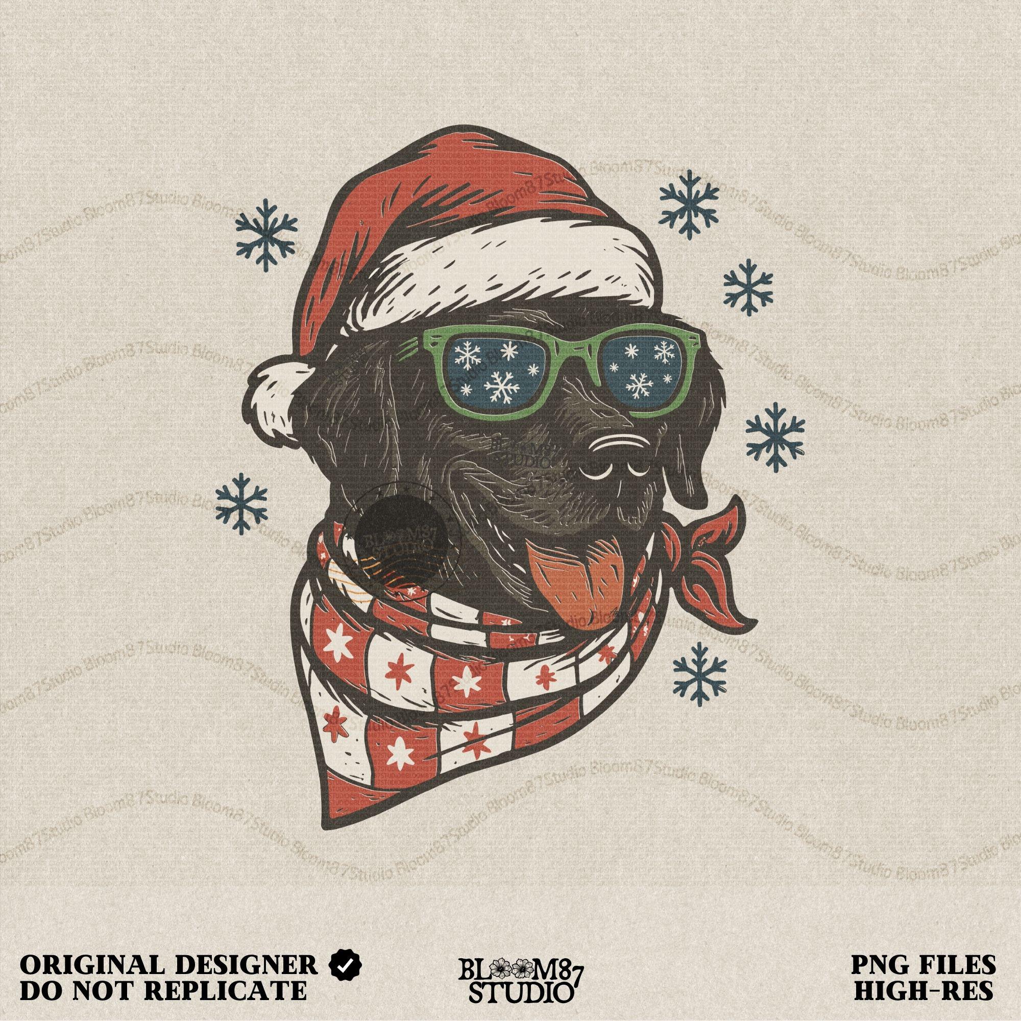 Black Labrador wearing Santa hat, holiday scarf, and snowflake sunglasses — festive Christmas dog PNG for sublimation shirts, mugs, and holiday crafts.