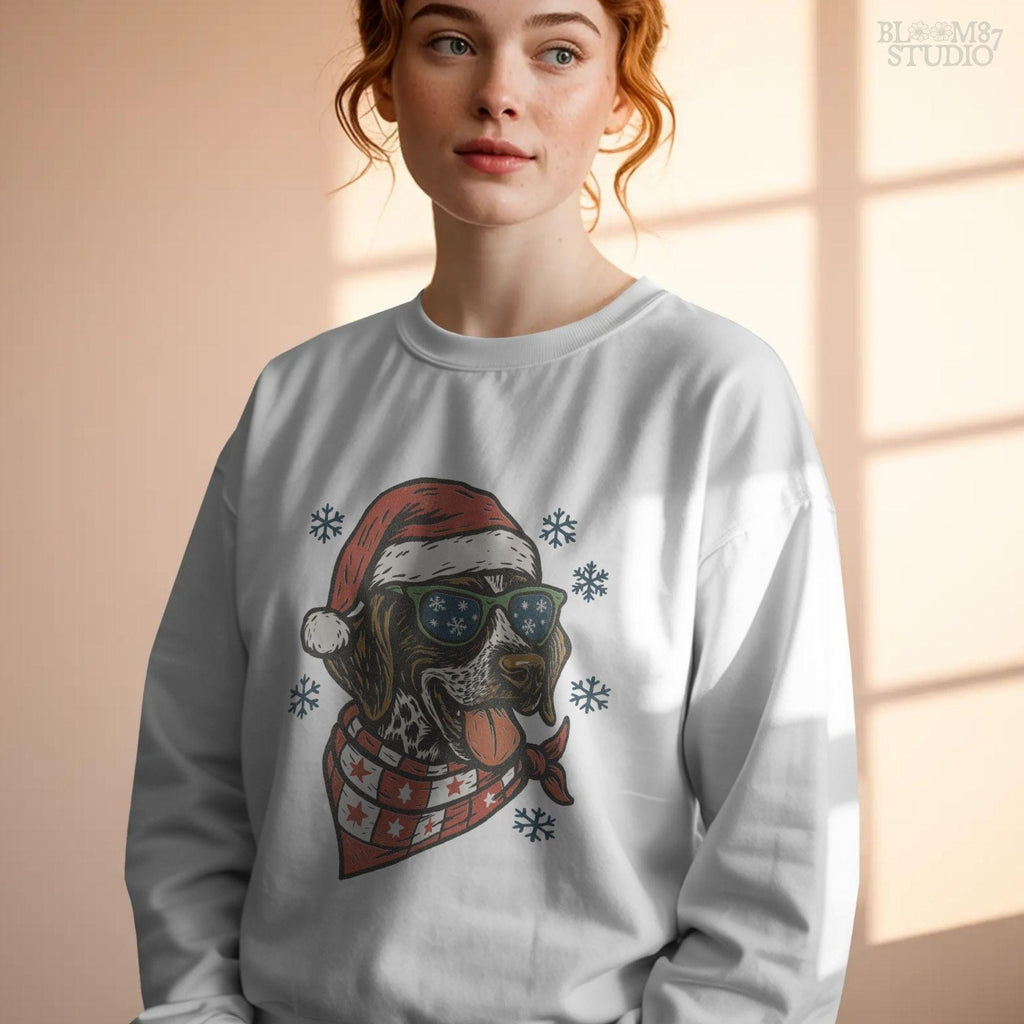 Festive Christmas dog wearing scarf and glasses, PNG file for holiday sublimation and seasonal crafts.