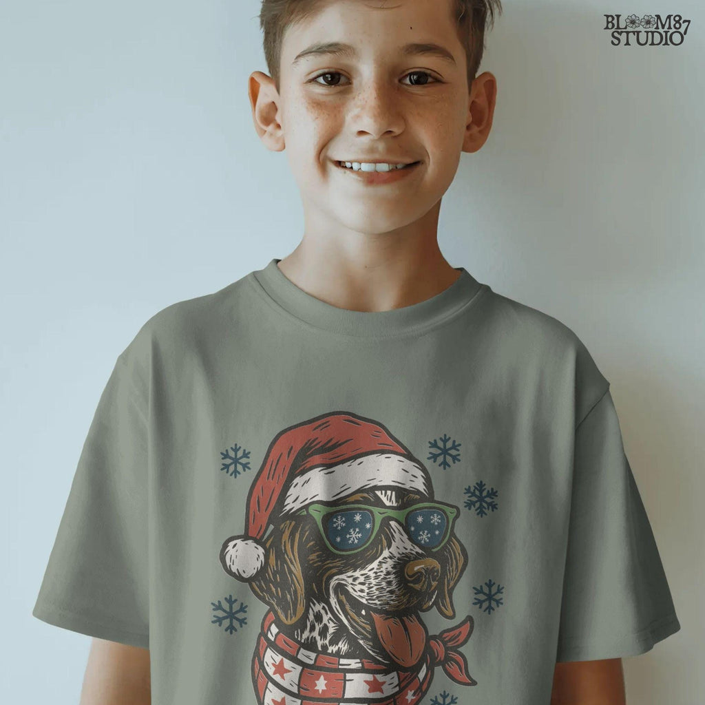 Cute festive dog in Christmas outfit PNG, perfect for sublimation printing, cards, and holiday items.