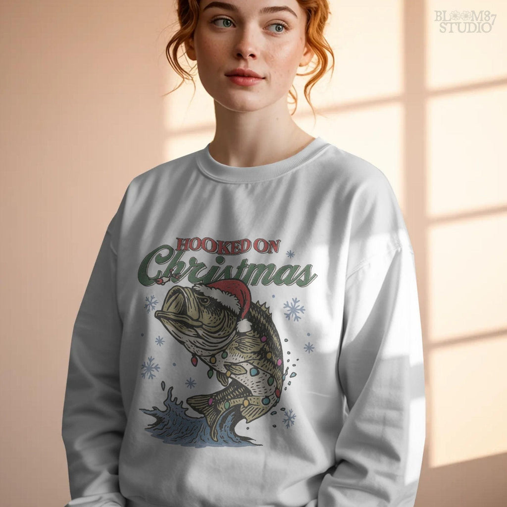 Funny Christmas fishing sublimation design featuring bass fish and holiday lights, great for personalized gifts and apparel.