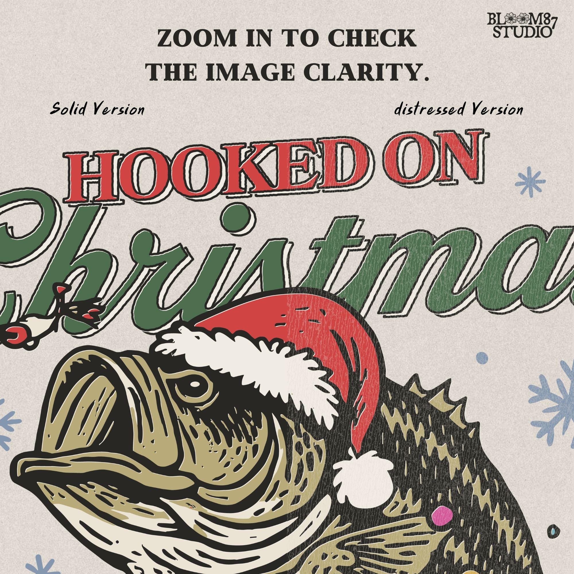 Festive fishing clipart with bass wearing Christmas decorations, great for sublimation on t-shirts, mugs, tumblers, and seasonal gifts.