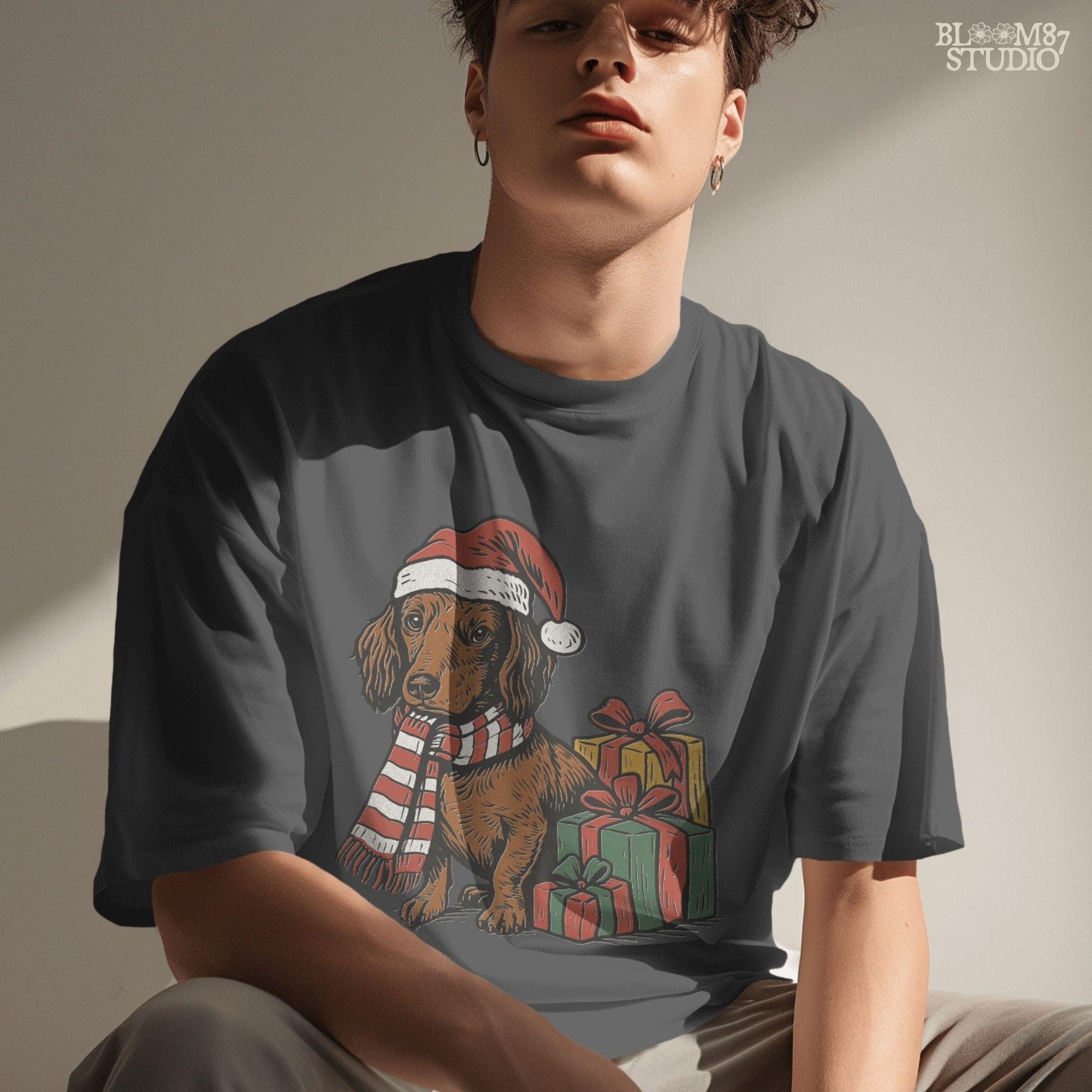 Dachshund Christmas dog clipart in Santa hat with striped scarf, great for festive pet-themed gifts, sublimation shirts, holiday mugs, and seasonal decor.