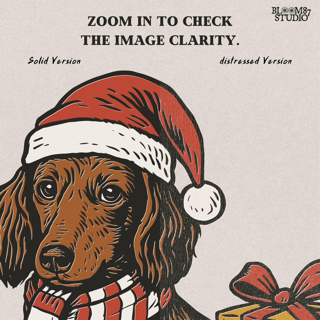 Festive dachshund Christmas design with Santa hat and red scarf, ideal for holiday crafts, sublimation projects, Christmas shirts, and mugs for dog lovers.