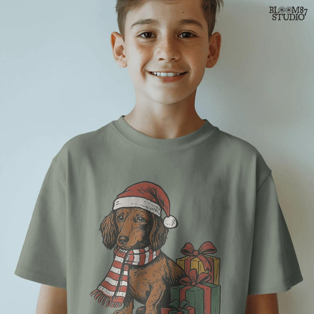 Christmas dachshund dog with Santa hat and scarf, ideal for pet-themed Christmas gifts, sublimation projects, and holiday apparel.