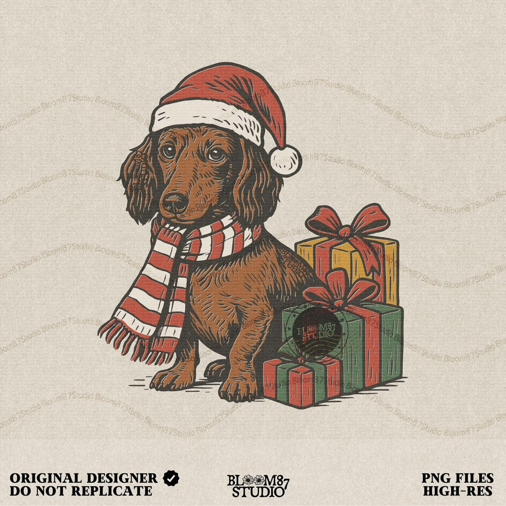 Illustration of a dachshund Christmas dog wearing a Santa hat and striped scarf, sitting beside holiday presents, perfect for festive sublimation, Christmas shirts, mugs, and holiday pet gifts.