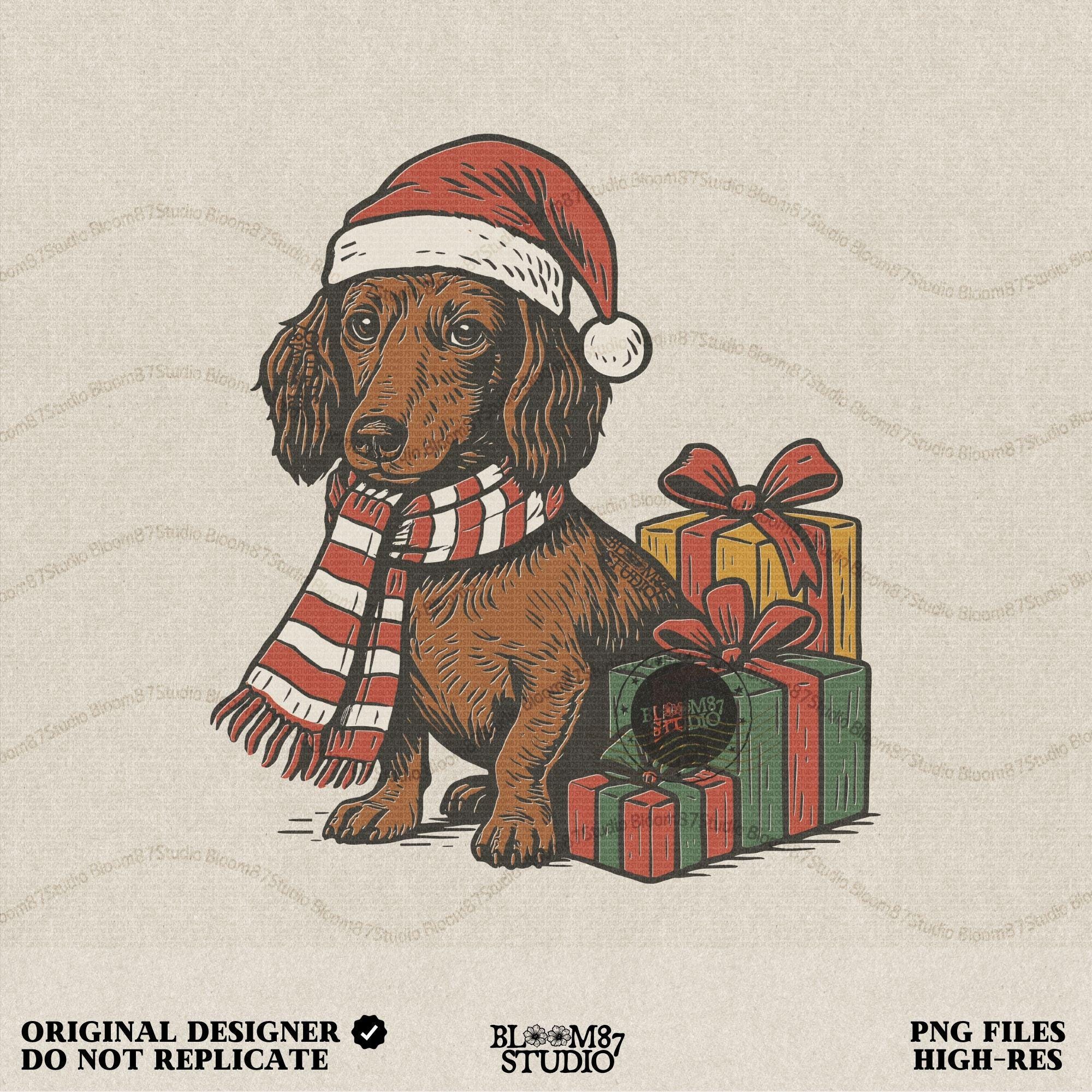 Illustration of a dachshund Christmas dog wearing a Santa hat and striped scarf, sitting beside holiday presents, perfect for festive sublimation, Christmas shirts, mugs, and holiday pet gifts.
