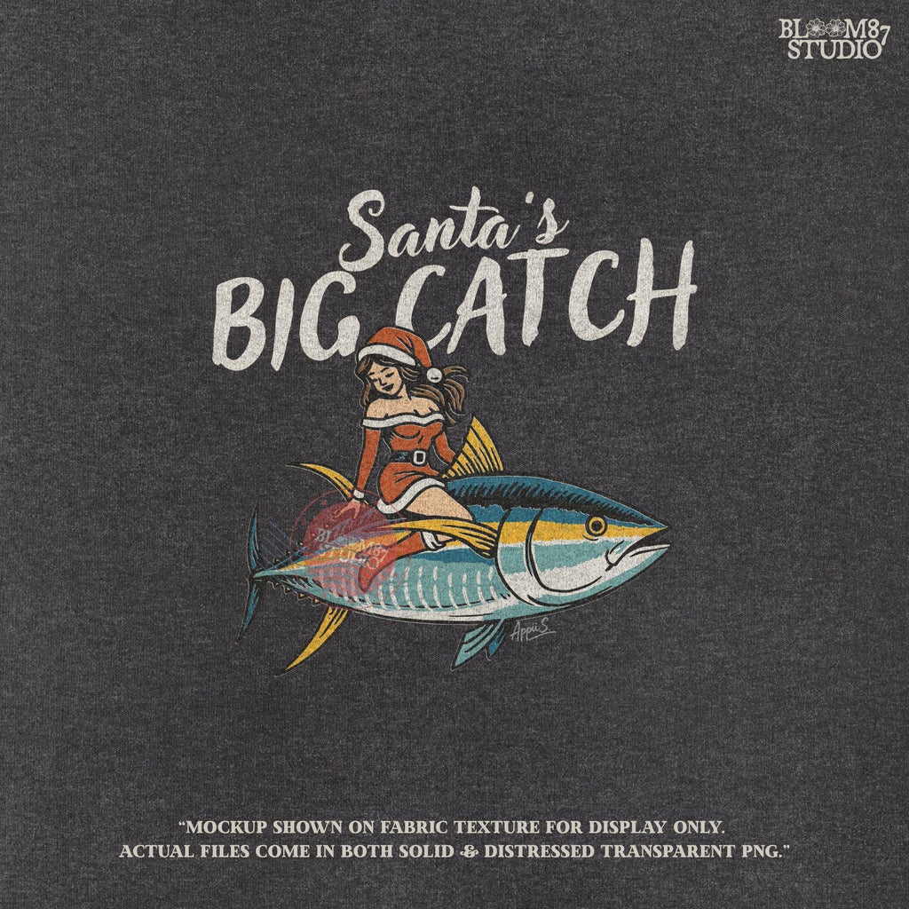 Holiday fishing sublimation PNG titled Santa’s Big Catch. Design shows Santa girl dressed in red holiday dress riding a tuna fish. Perfect clipart for fisherman Christmas shirts, mugs, ornaments, and festive holiday gifts. Transparent PNG makes it easy for sublimation or printable projects. Great for anglers and fishing enthusiasts who love holiday humor.