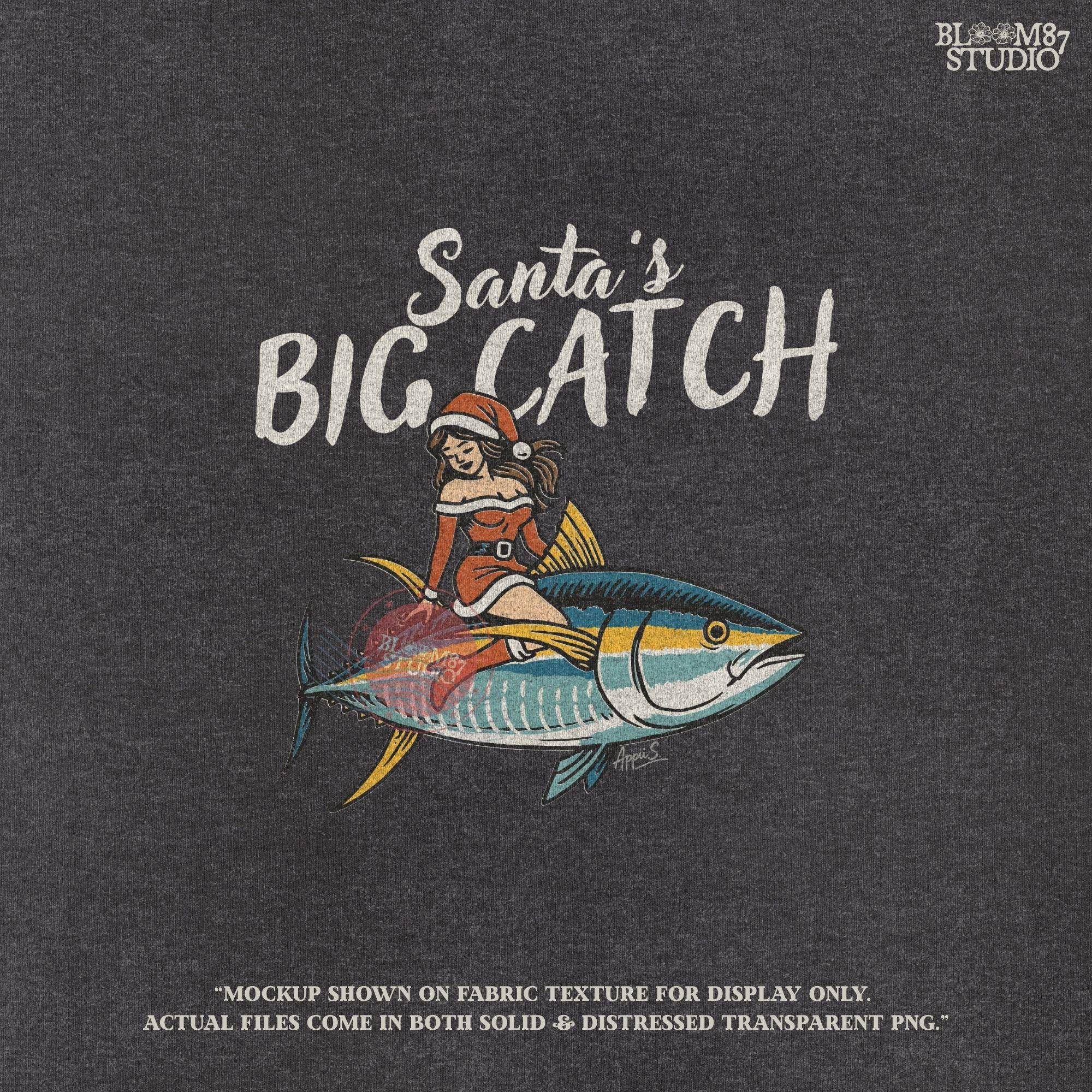 Holiday fishing sublimation PNG titled Santa’s Big Catch. Design shows Santa girl dressed in red holiday dress riding a tuna fish. Perfect clipart for fisherman Christmas shirts, mugs, ornaments, and festive holiday gifts. Transparent PNG makes it easy for sublimation or printable projects. Great for anglers and fishing enthusiasts who love holiday humor.