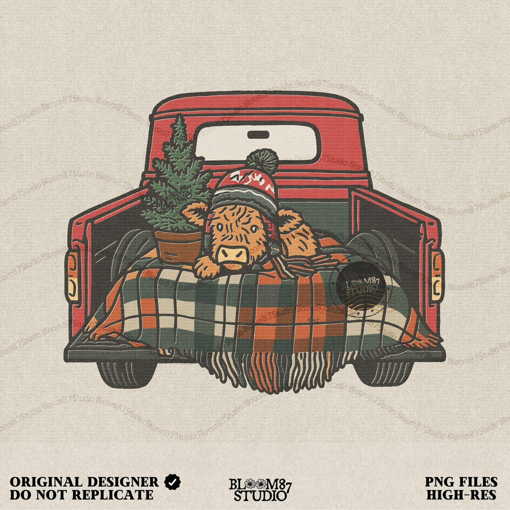 Christmas Highland Cow PNG featuring a cute cow in a winter hat inside a red truck bed with plaid blanket and Christmas tree. Perfect sublimation design for farmhouse Christmas shirts, mugs, tumblers, or rustic holiday gifts. High-resolution PNG with transparent background for easy digital crafting, apparel printing, or seasonal home decor.
