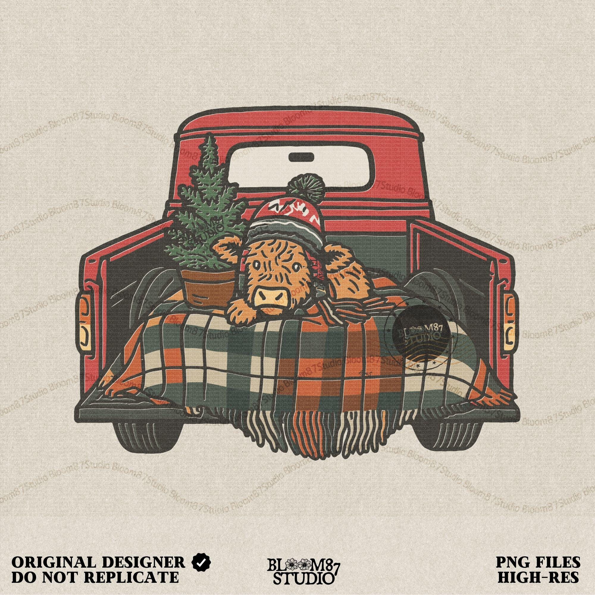 Christmas Highland Cow PNG featuring a cute cow in a winter hat inside a red truck bed with plaid blanket and Christmas tree. Perfect sublimation design for farmhouse Christmas shirts, mugs, tumblers, or rustic holiday gifts. High-resolution PNG with transparent background for easy digital crafting, apparel printing, or seasonal home decor.