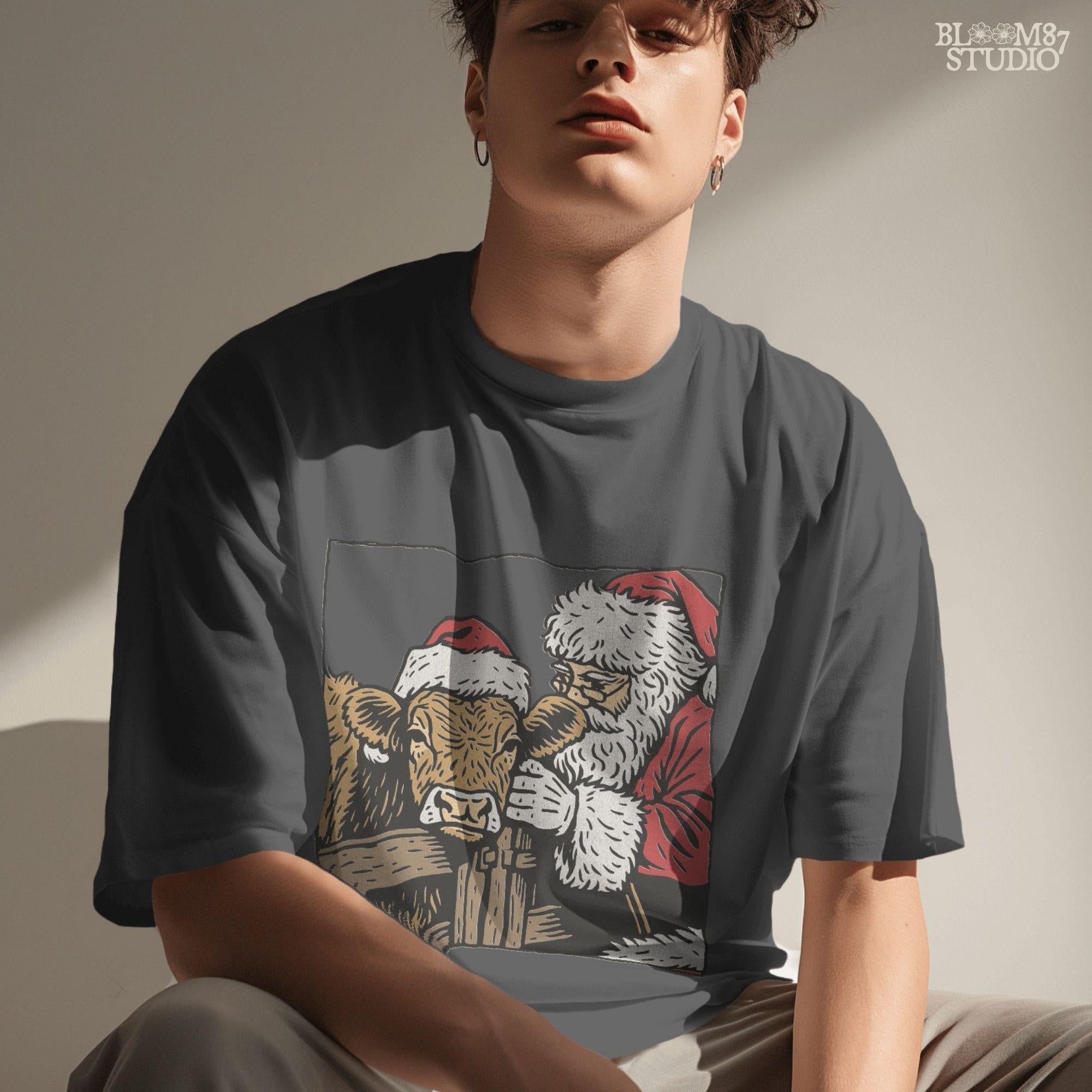 Christmas Farmhouse sublimation clipart showing Santa Claus petting a cow. Perfect rustic design for country Christmas shirts, mugs, tumblers, and holiday decor. Great for farmhouse-inspired seasonal crafting projects.