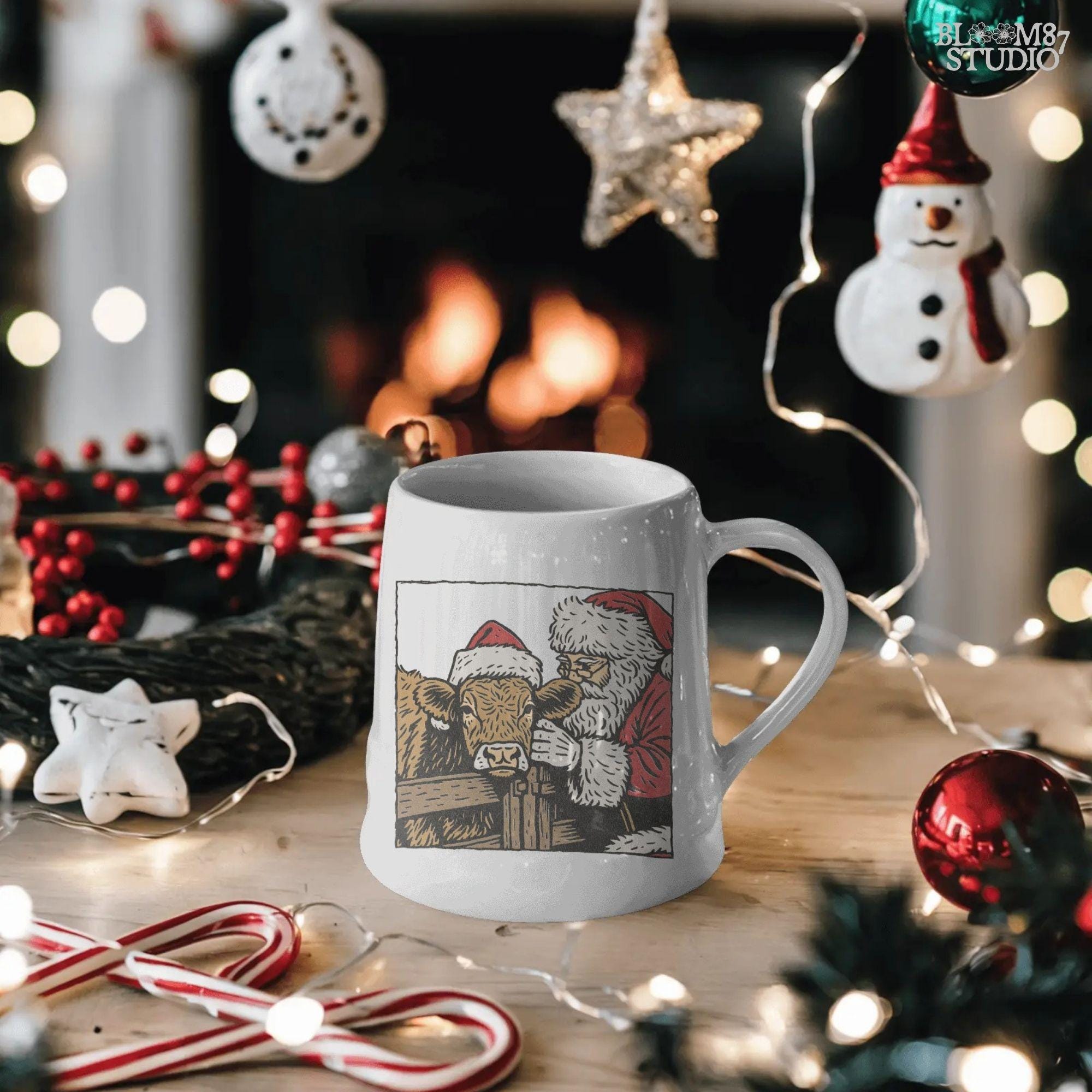 Country farmhouse Christmas PNG artwork of Santa Claus with a cow. Sublimation-friendly design for rustic holiday shirts, mugs, tumblers, or unique Christmas gifts. Adds warm farmhouse style to seasonal projects.
