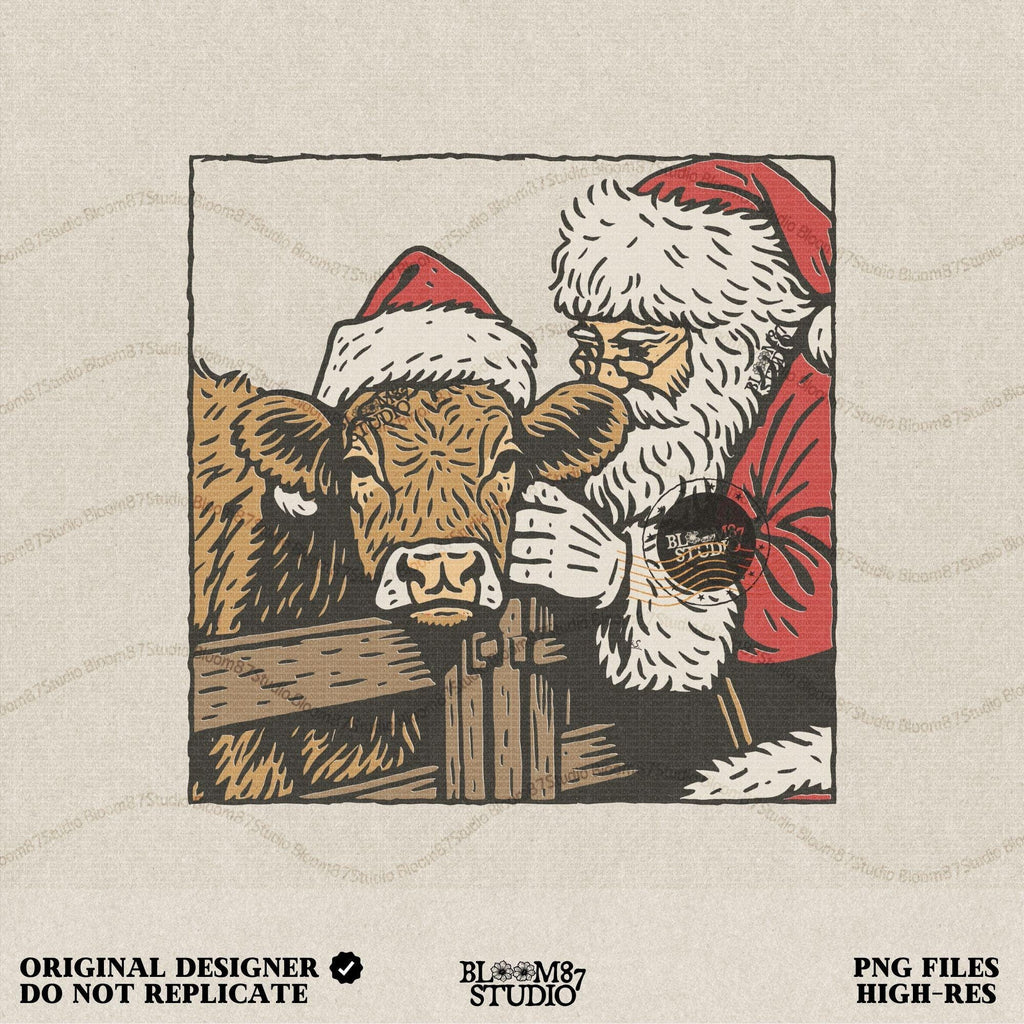Christmas Farmhouse PNG featuring Santa Claus with a cow wearing a festive Santa hat. Rustic holiday design perfect for sublimation projects like shirts, mugs, tumblers, ornaments, and farmhouse decor. High-resolution transparent PNG for DIY Christmas crafts.