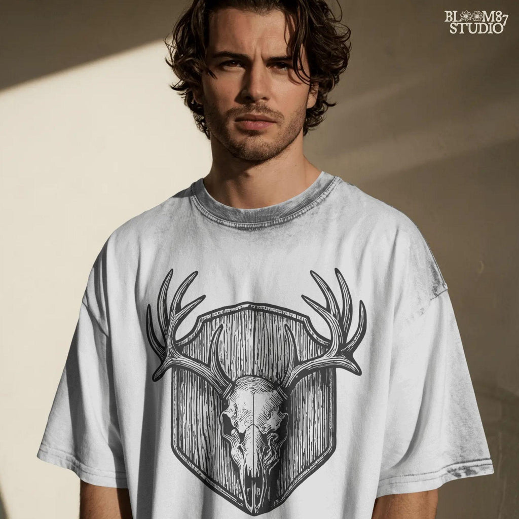 Deer skull with antlers rustic hunting clipart. Perfect sublimation PNG for hunting lodge shirts, mugs, tumblers, wall art, and personalized hunting gifts. Outdoor-inspired design for hunters and crafters.